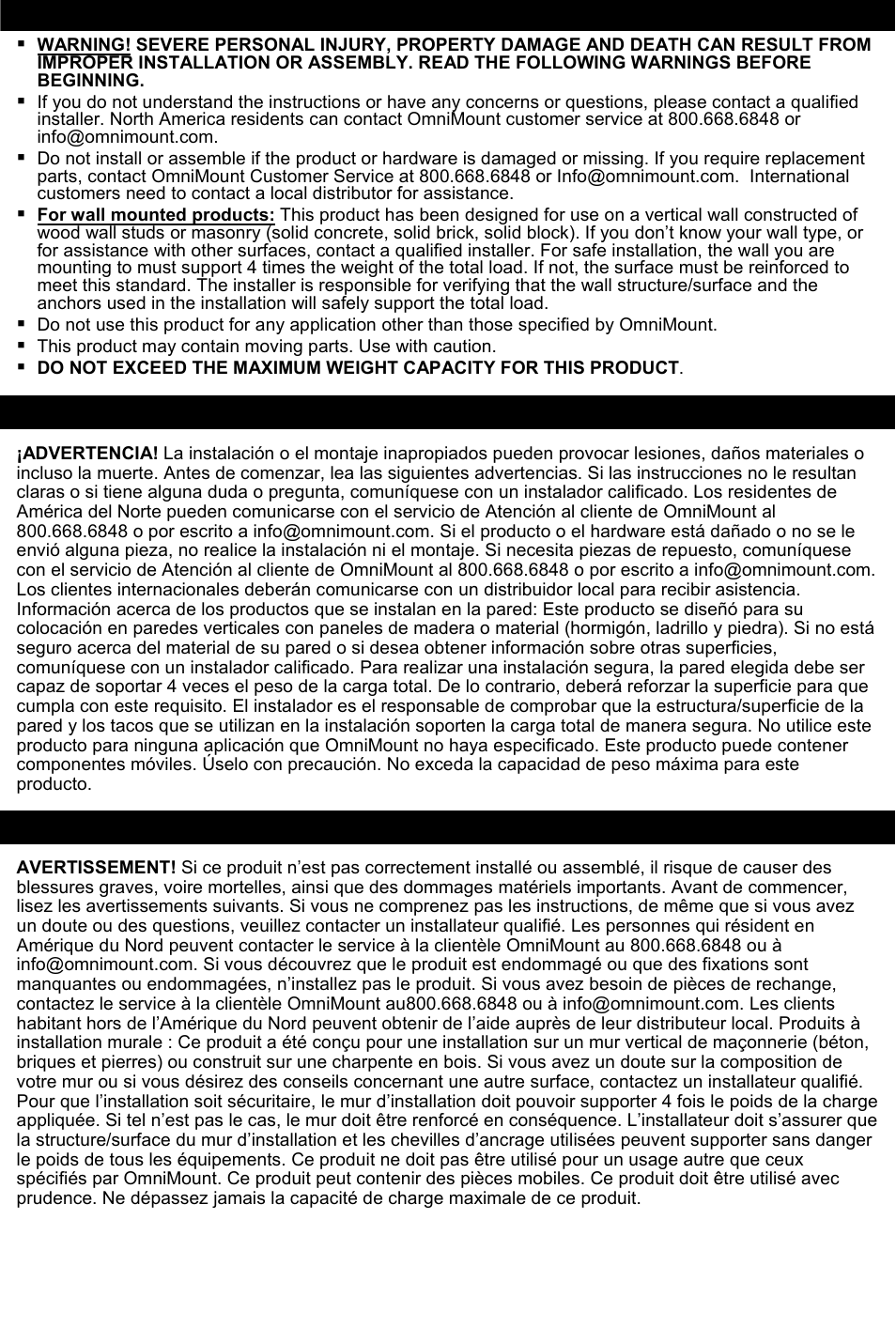 Warning – english, Advertencia! - español, Avertissement! - français | Omnimount Gemini 2 User Manual | Page 2 / 20