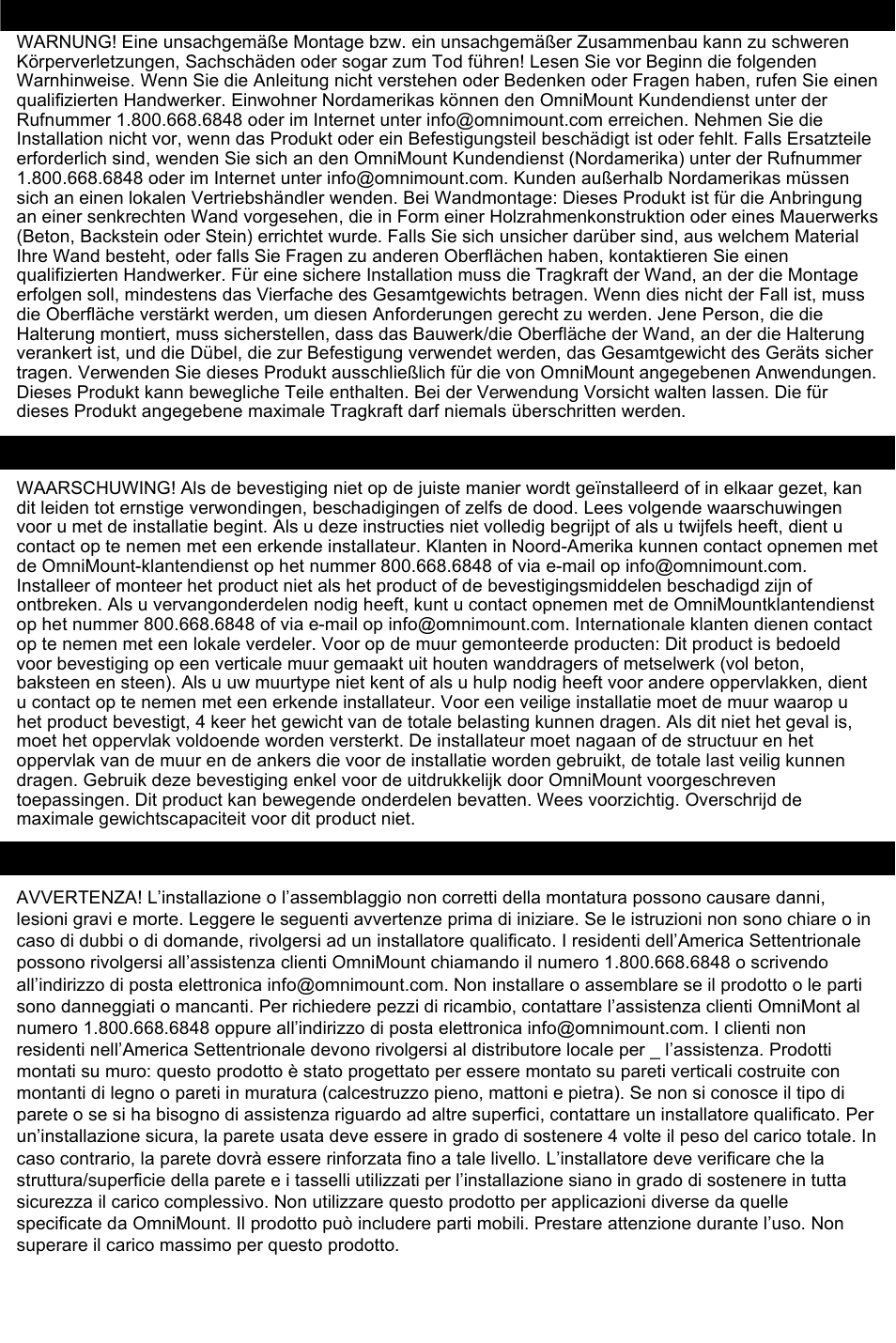 Warnung! - deutsch, Waarschuwing! – nederland, Avvertenza! - italiano | Omnimount Gemini 2 User Manual | Page 3 / 20