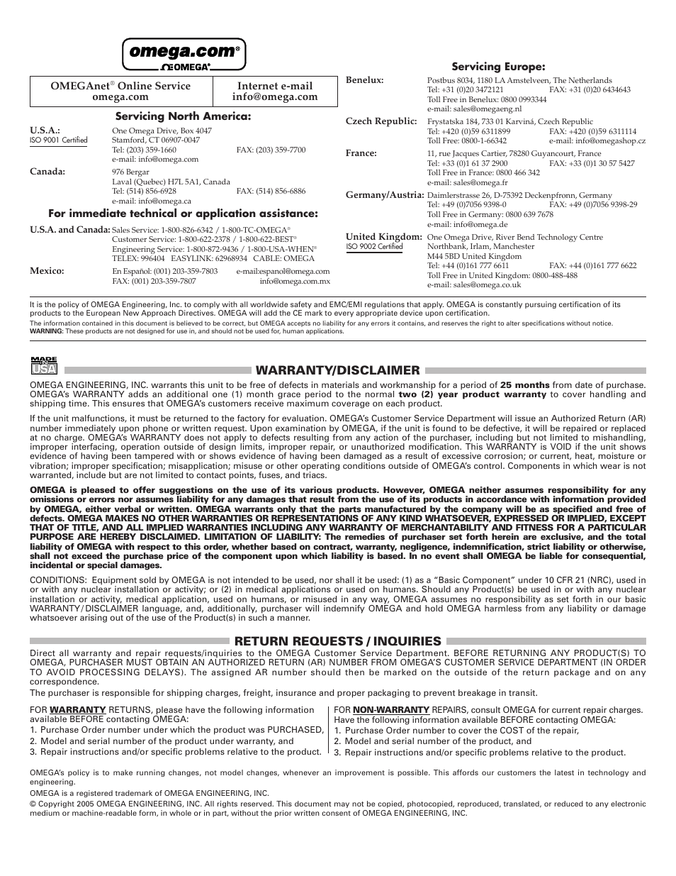 Warranty/disclaimer, Return requests / inquiries, Omeganet | Omega Vehicle Security OMWT-DIPOLE-900-25 User Manual | Page 2 / 2