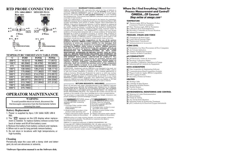 Operator maintenance, Rtd probe connection | Omega Vehicle Security HH804W User Manual | Page 3 / 3