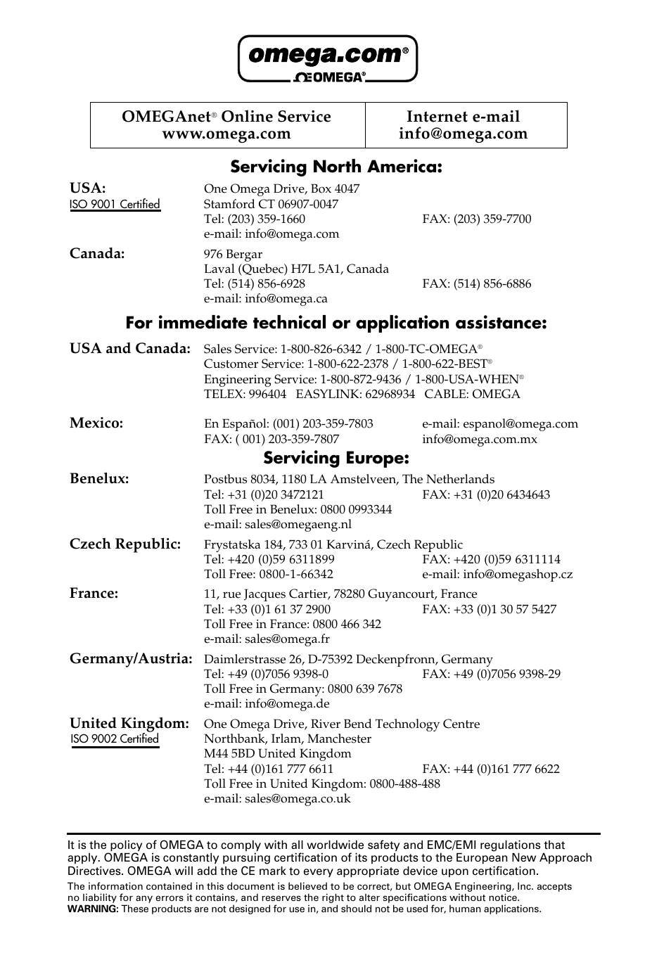 Servicing north america, For immediate technical or application assistance, Servicing europe | Omeganet | Omega Vehicle Security LV850 User Manual | Page 2 / 12