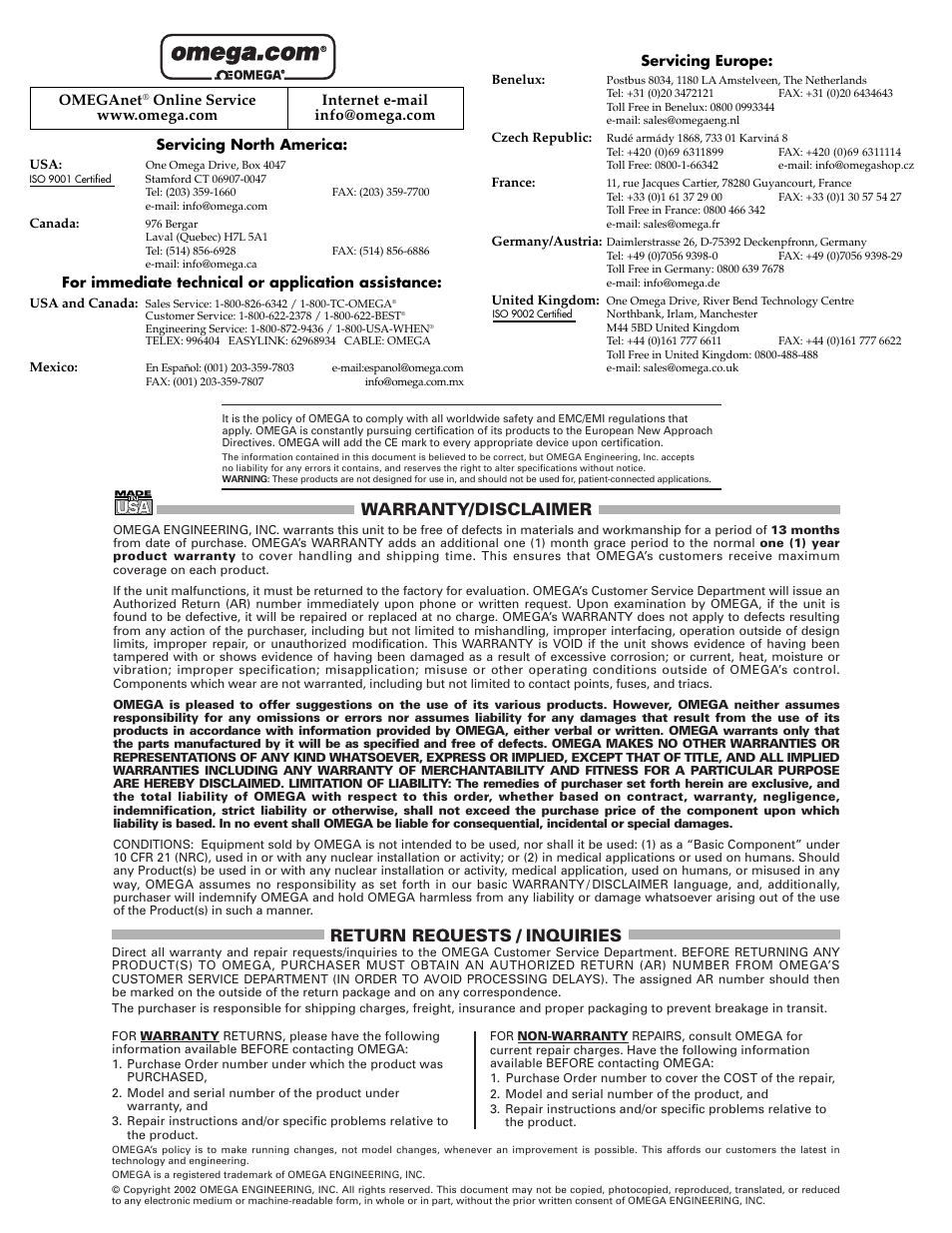 Warranty/disclaimer, Return requests / inquiries, Omeganet | Omega Vehicle Security DialtempTM B User Manual | Page 2 / 2