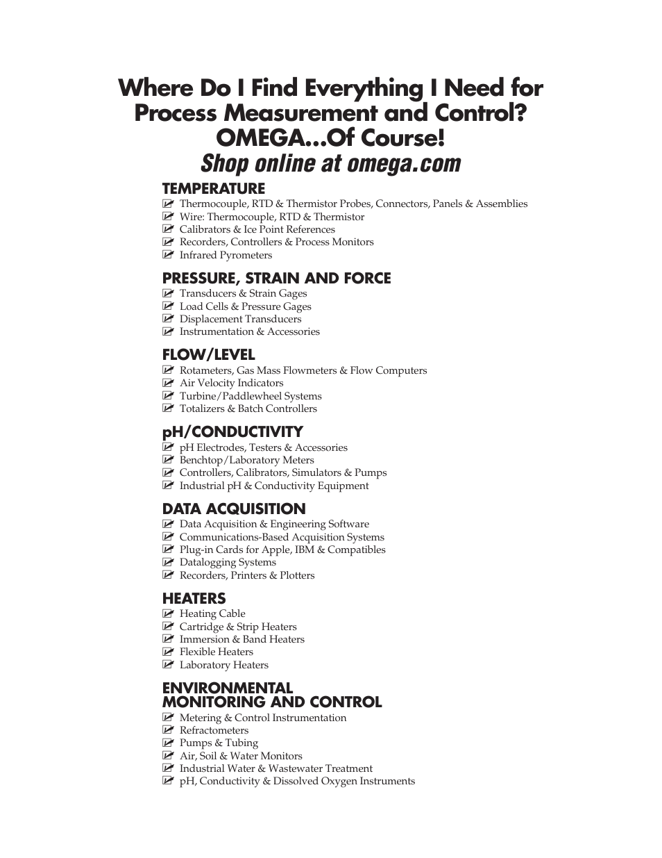 Temperature, Pressure, strain and force, Flow/level | Ph/conductivity, Data acquisition, Heaters, Environmental monitoring and control | Omega Vehicle Security LVUN-600 User Manual | Page 16 / 16