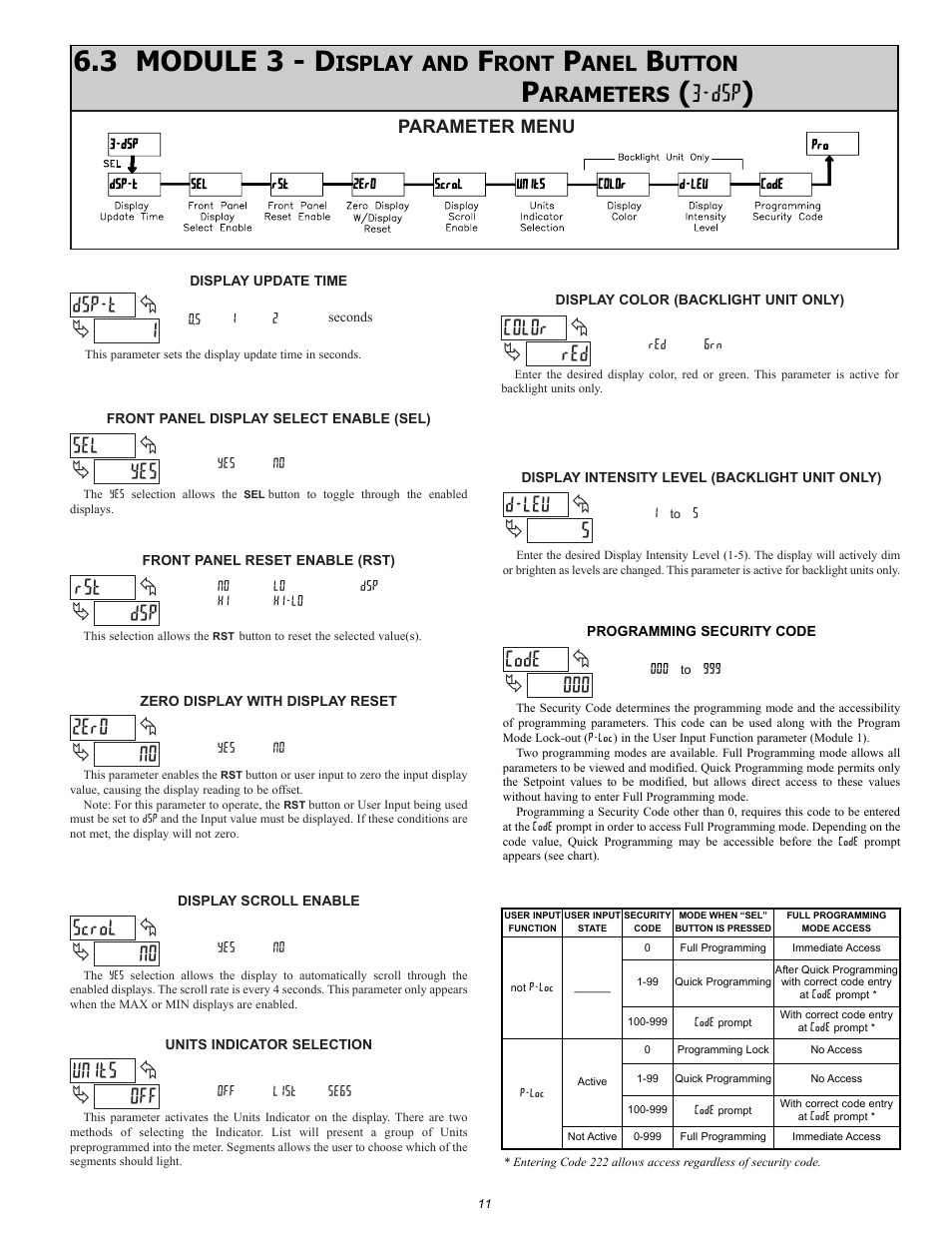 3 module 3 - d, 1dsp-t, Yes sel | Dsp rst, No scrol, No zero, Off units, Red color, 5d-lev, 000 code | Omega Vehicle Security DP63000A-I User Manual | Page 11 / 16