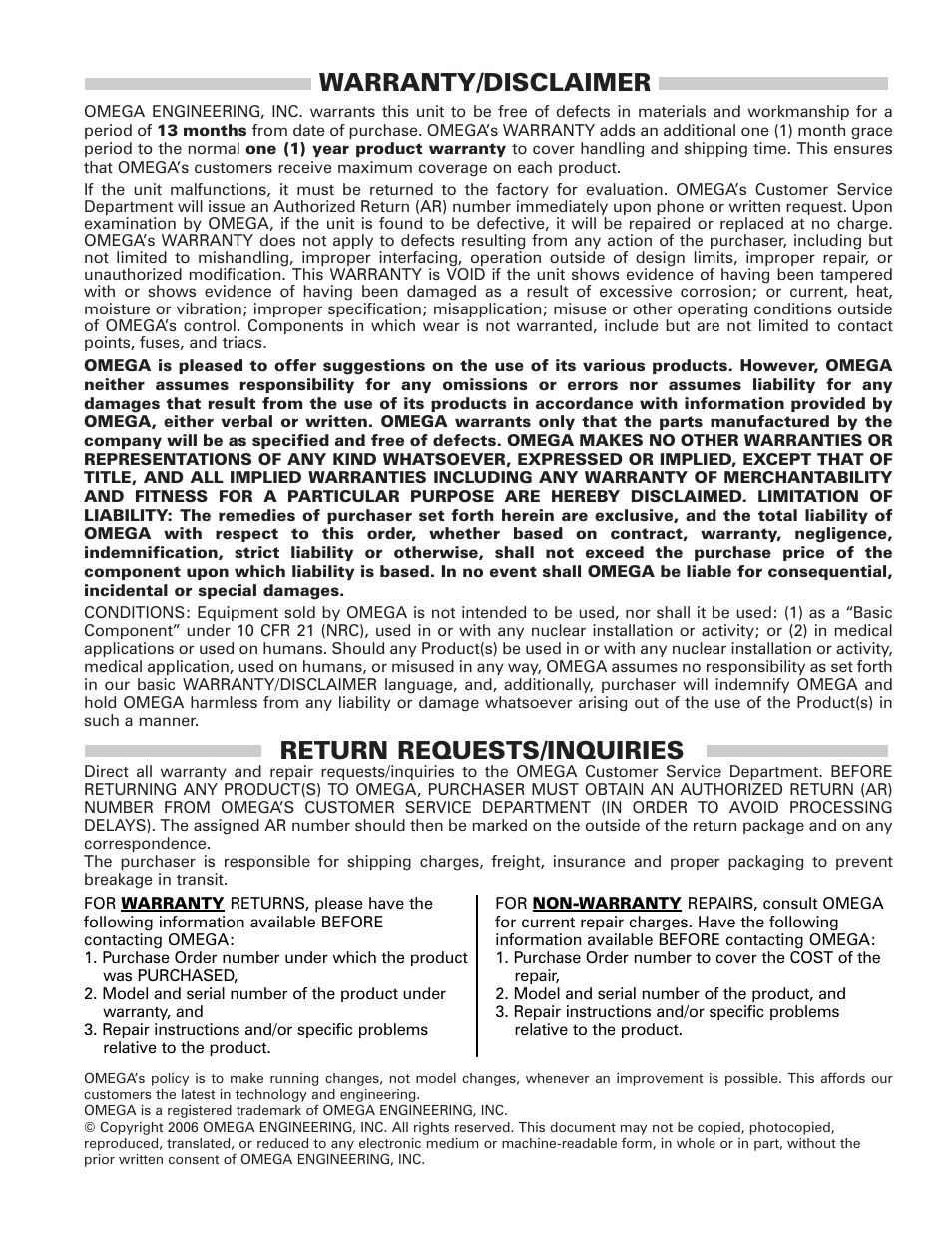 Warranty/disclaimer, Return requests/inquiries | Omega Vehicle Security DP63000A-I User Manual | Page 15 / 16