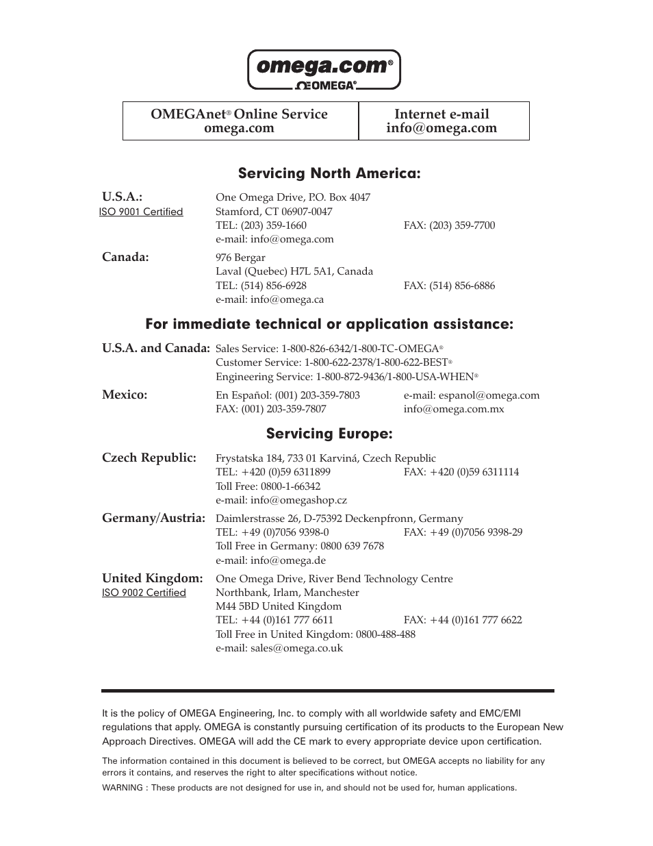 Omeganet, For immediate technical or application assistance, Servicing europe | Omega Vehicle Security DP63000A-I User Manual | Page 2 / 16