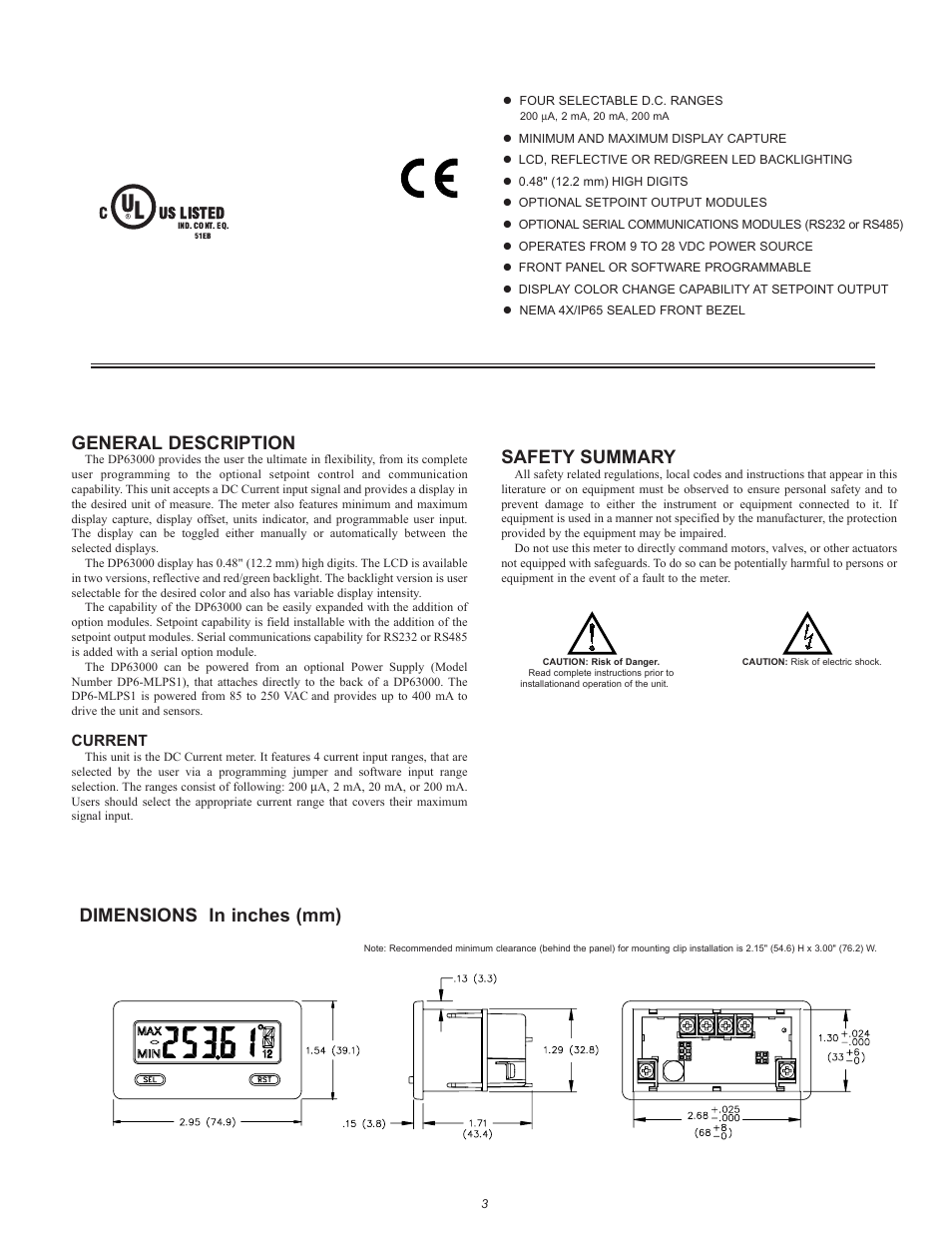 General description, Safety summary, Dimensions in inches (mm) | Omega Vehicle Security DP63000A-I User Manual | Page 3 / 16