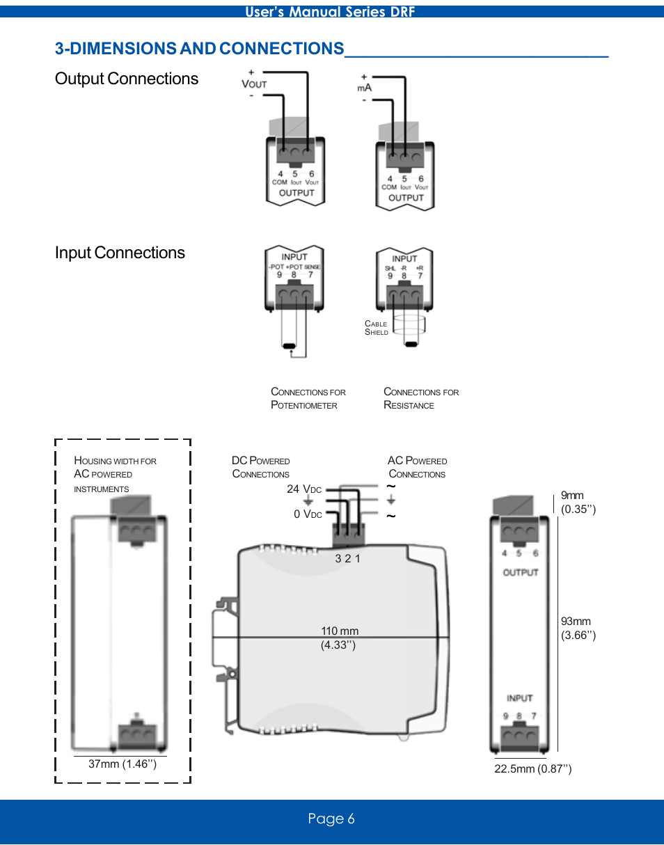 Dimensions and connections, Output connections input connections, Page 6 user’s manual series drf | Omega Vehicle Security DRF-RES Series User Manual | Page 6 / 12