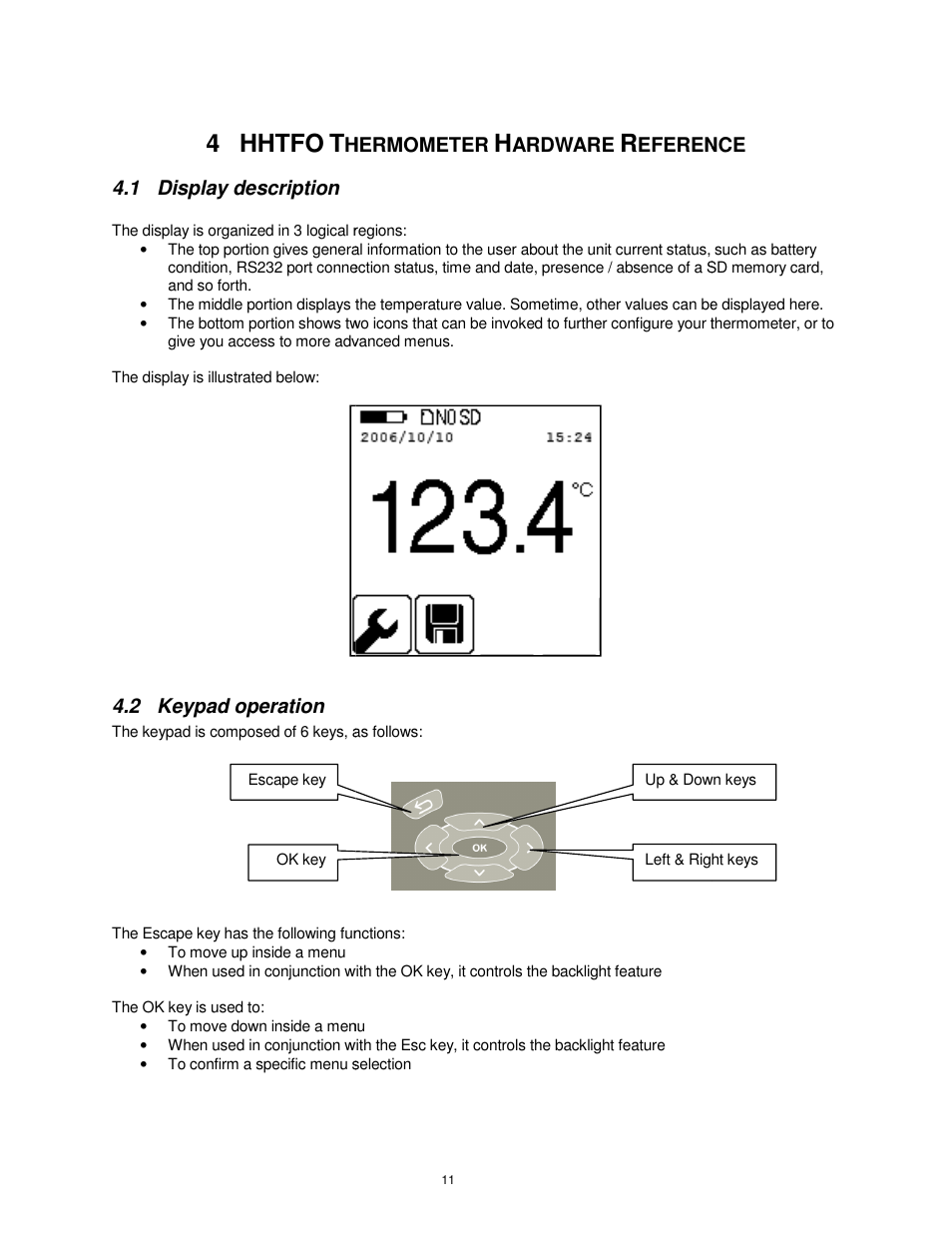 4 hhtfo, Hermometer 4.1 display description, 2 keypad operation | Hermometer, Ardware, Eference, Ence | Omega Vehicle Security HHTFO User Manual | Page 11 / 34