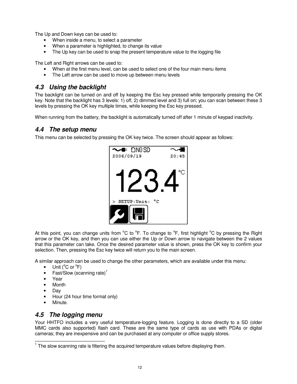 3 using the backlight, 4 the setup menu, 5 the logging menu | Omega Vehicle Security HHTFO User Manual | Page 12 / 34