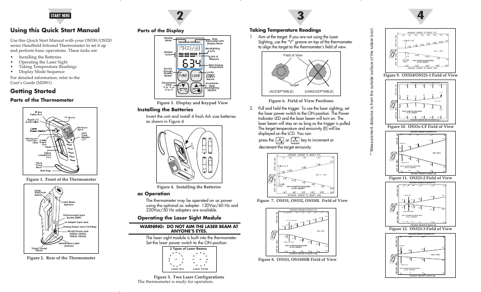 Using this quick start manual, Getting started, Parts of the thermometer | Taking temperature readings, Installing the batteries, Ac operation, Operating the laser sight module, Parts of the display, Start here, Figure 3. display and keypad view | Omega Vehicle Security OS520 User Manual | Page 2 / 2