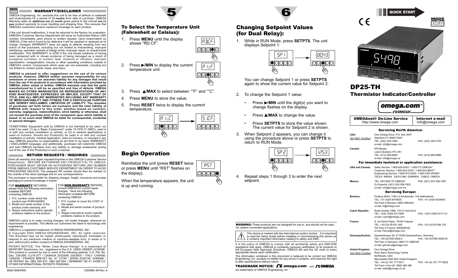 Dp25-th, Begin operation, Changing setpoint values (for dual relay) | Thermistor indicator/controller, Quick start | Omega Vehicle Security DP25-TH User Manual | Page 2 / 2