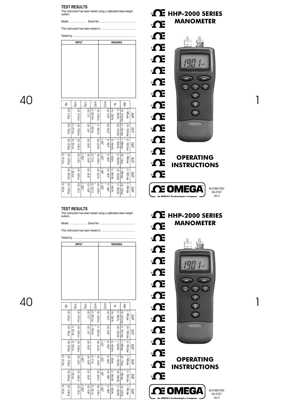 Operating instructions hhp-2000 series manometer, Test results | Omega Vehicle Security HHP-2000 Series User Manual | Page 40 / 40