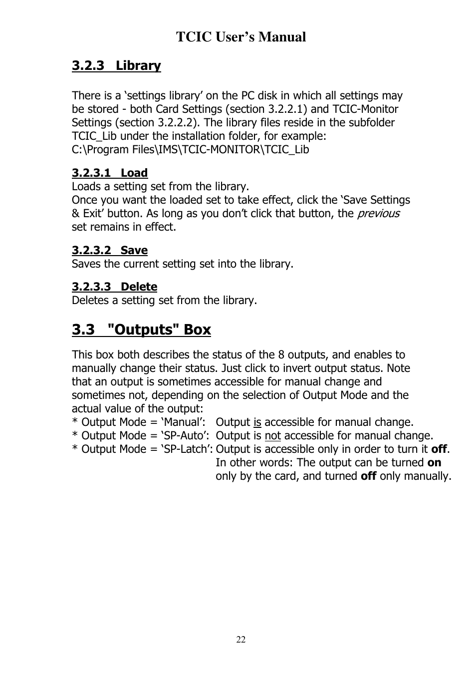 Tcic user’s manual, 3 "outputs" box, 3 library | Omega Vehicle Security TCIC User Manual | Page 24 / 44