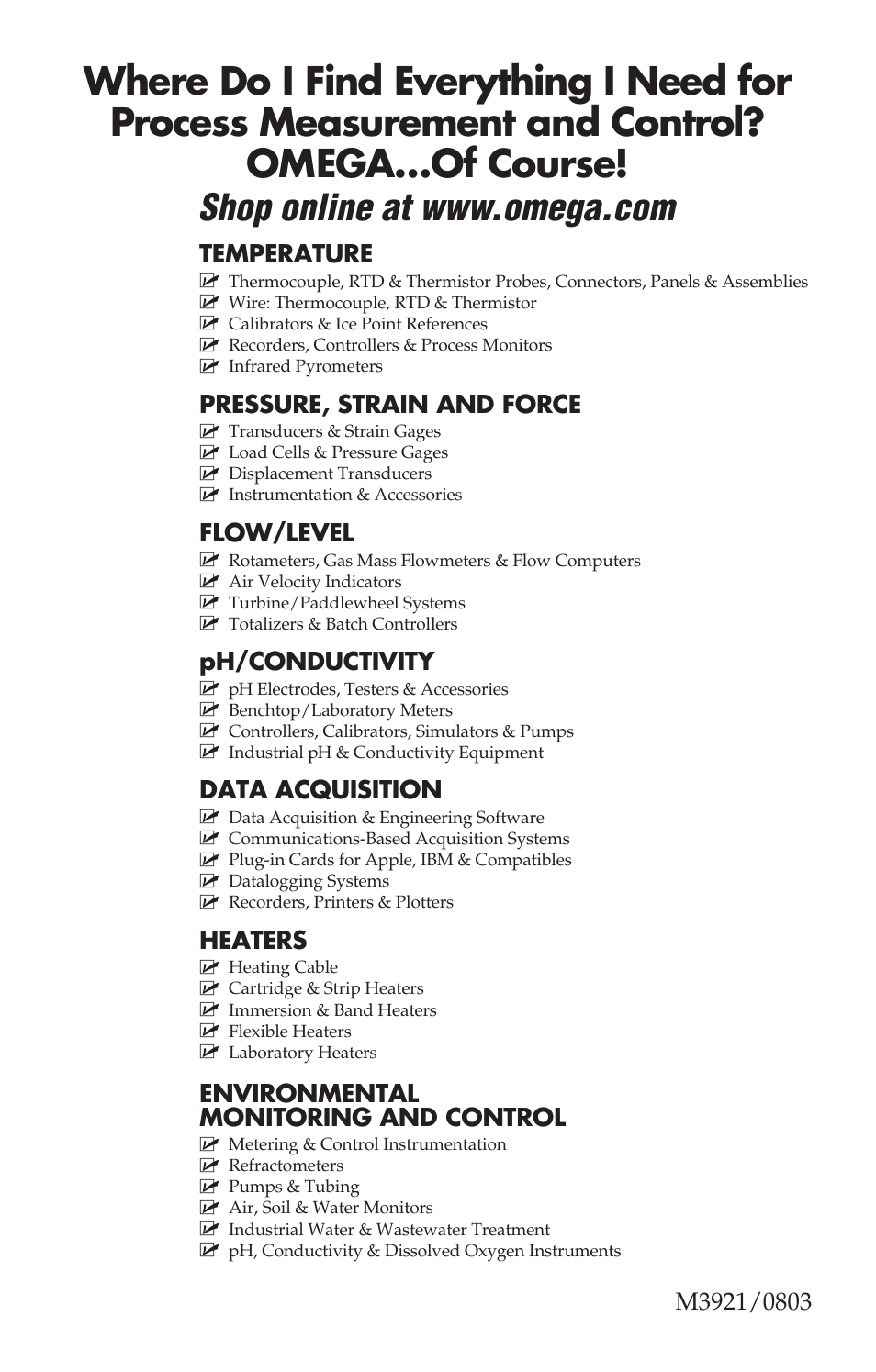 Temperature, Pressure, strain and force, Flow/level | Ph/conductivity, Data acquisition, Heaters, Environmental monitoring and control | Omega Vehicle Security OS542 User Manual | Page 10 / 10