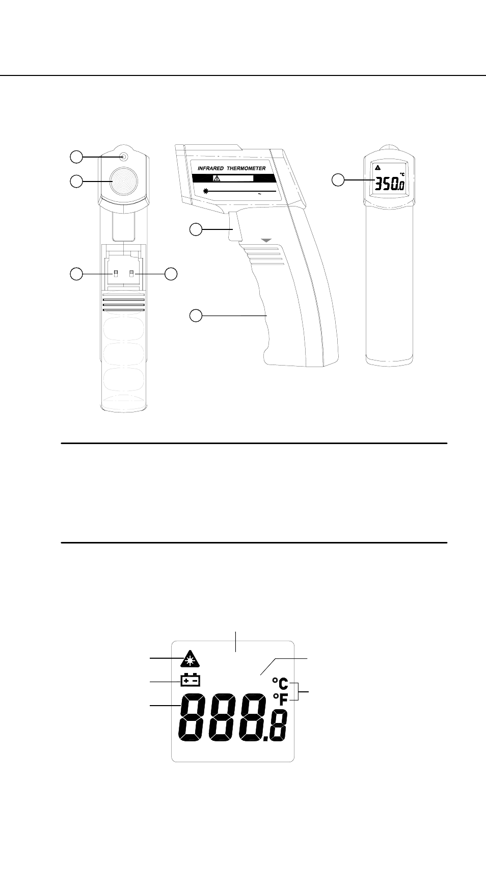 Iv. name and function, Hold scan, Laser emitting hole | Infrared sensor aperture, Laser on/off switch, C/°f switch, Measuring trigger, Battery cover, Lcd display | Omega Vehicle Security OS542 User Manual | Page 6 / 10