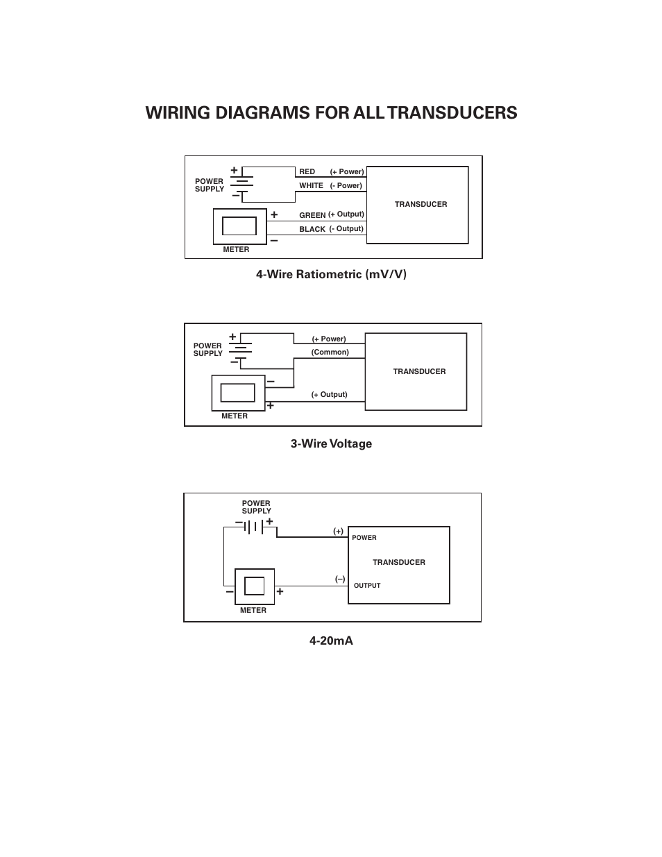 Wiring diagrams for all transducers, Wire voltage 4-20ma, Wire ratiometric (mv/v) | Omega Vehicle Security PX791 User Manual | Page 6 / 8