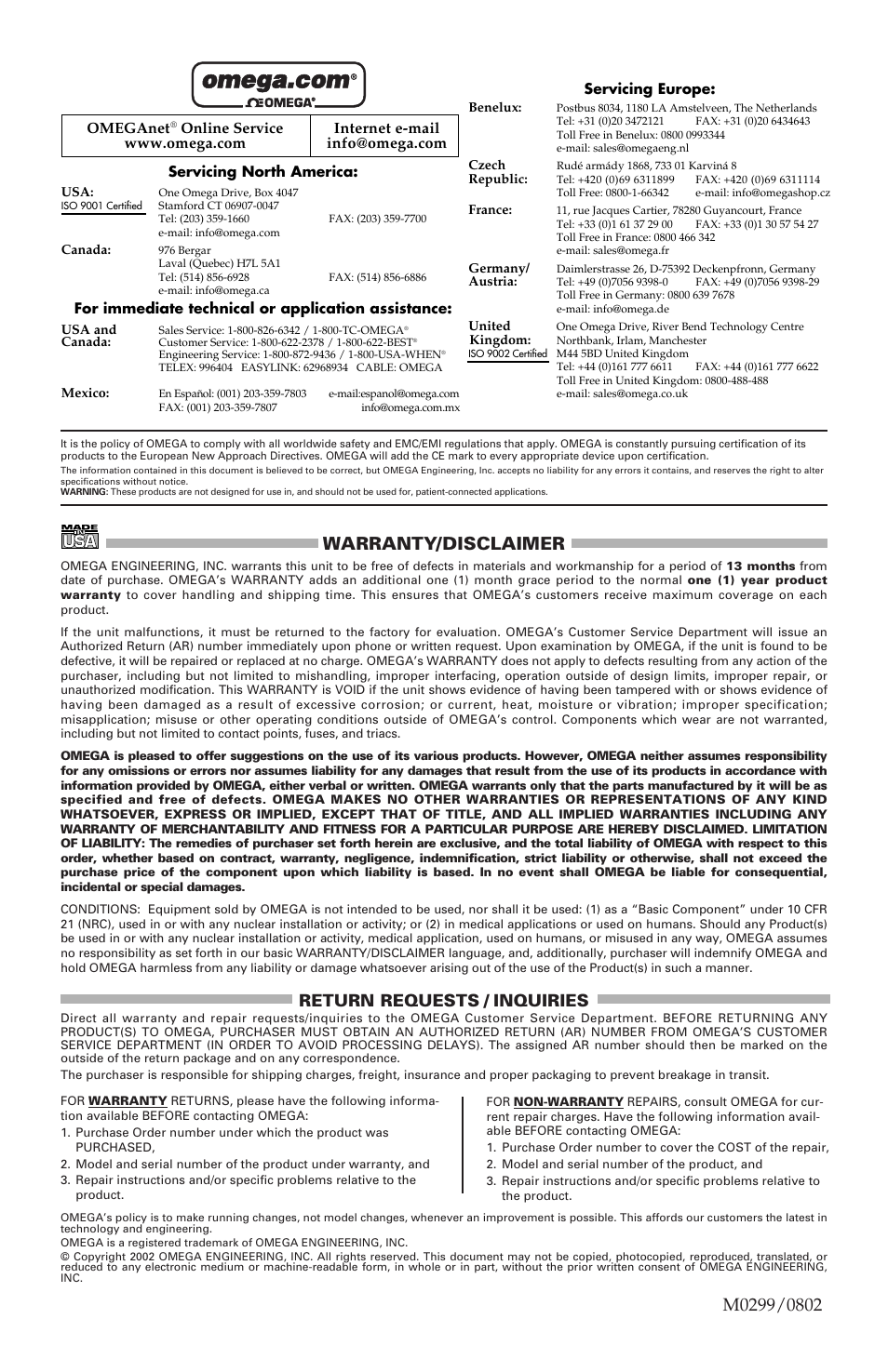 Warranty/disclaimer, Return requests / inquiries, Omeganet | Omega Vehicle Security K-79 User Manual | Page 4 / 4