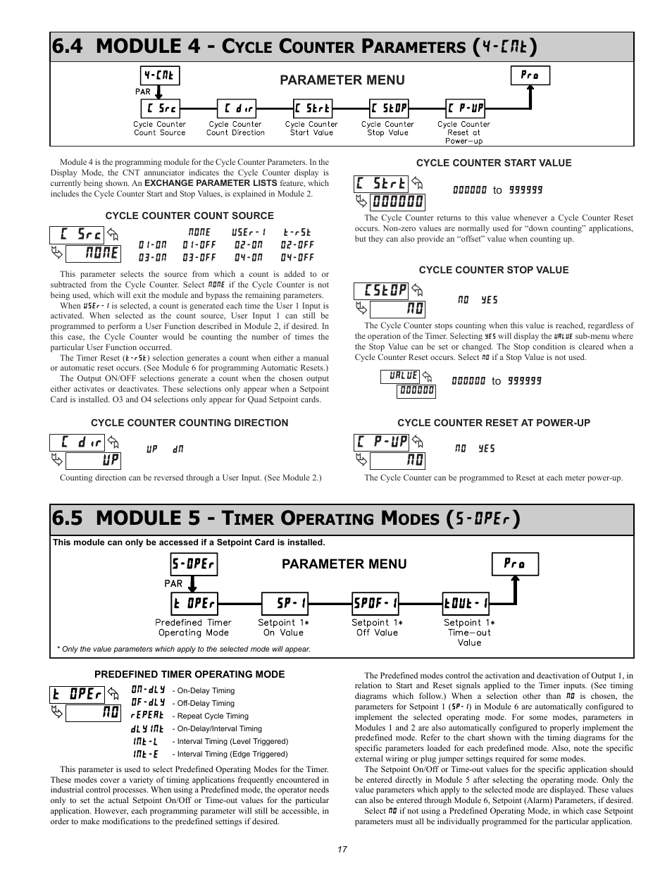 4 module 4 - c, 5 module 5 - t, Ycle | Ounter, Arameters, Imer, Perating, Odes | Omega Vehicle Security PTC900 User Manual | Page 17 / 32