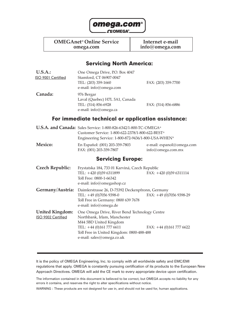 Omeganet, For immediate technical or application assistance, Servicing europe | Omega Vehicle Security PTC900 User Manual | Page 2 / 32