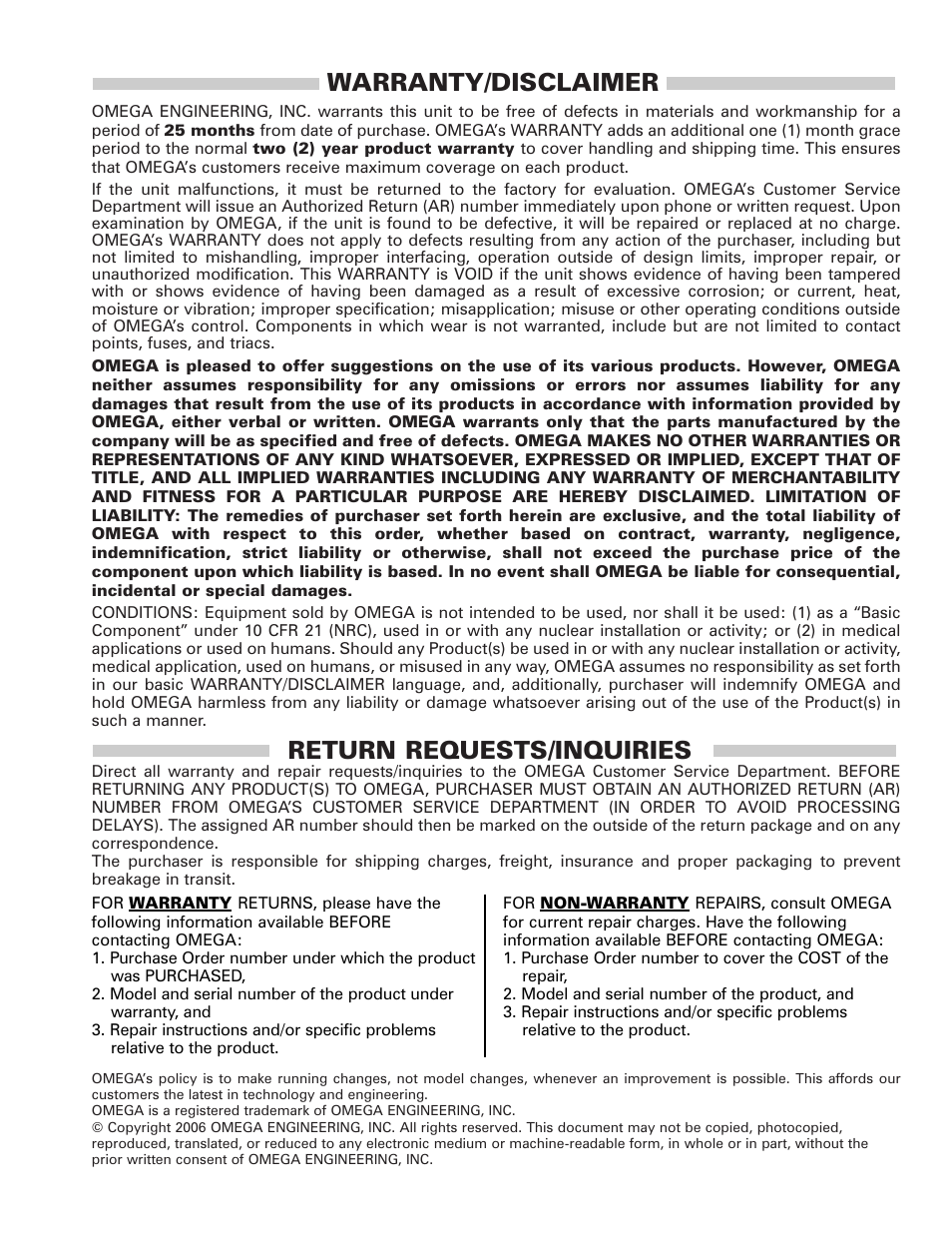 Warranty/disclaimer, Return requests/inquiries | Omega Vehicle Security PTC900 User Manual | Page 31 / 32