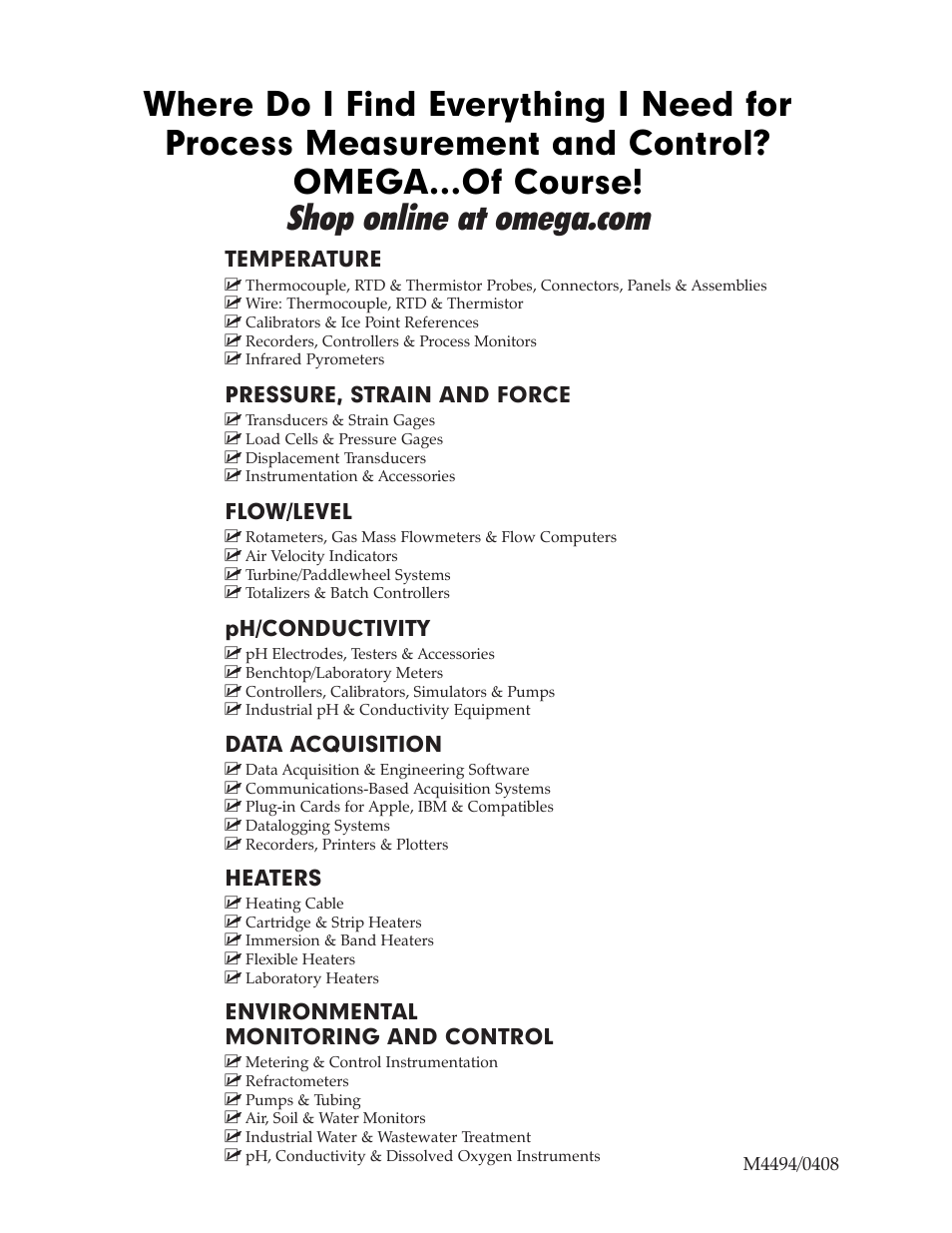 Temperature, Pressure, strain and force, Flow/level | Ph/conductivity, Data acquisition, Heaters, Environmental monitoring and control | Omega Vehicle Security PTC900 User Manual | Page 32 / 32