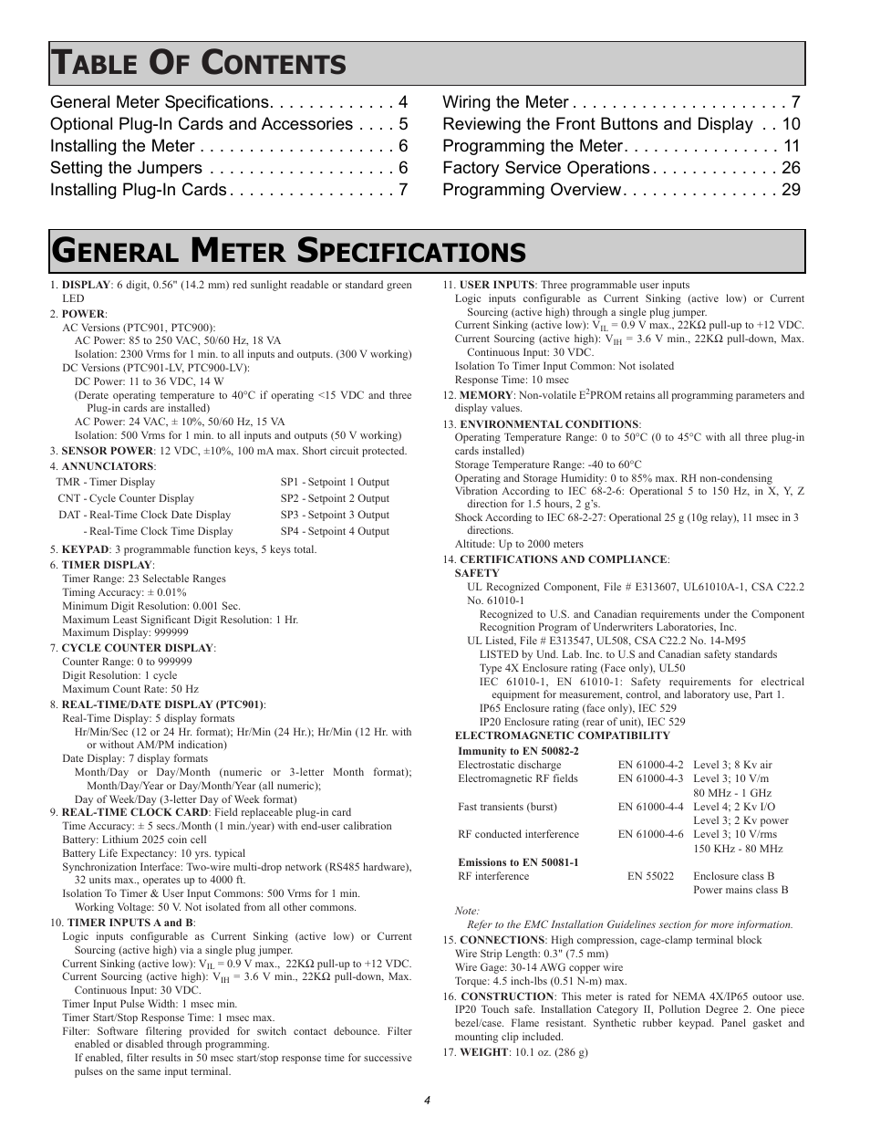 Able, Ontents, Eneral | Eter, Pecifications | Omega Vehicle Security PTC900 User Manual | Page 4 / 32