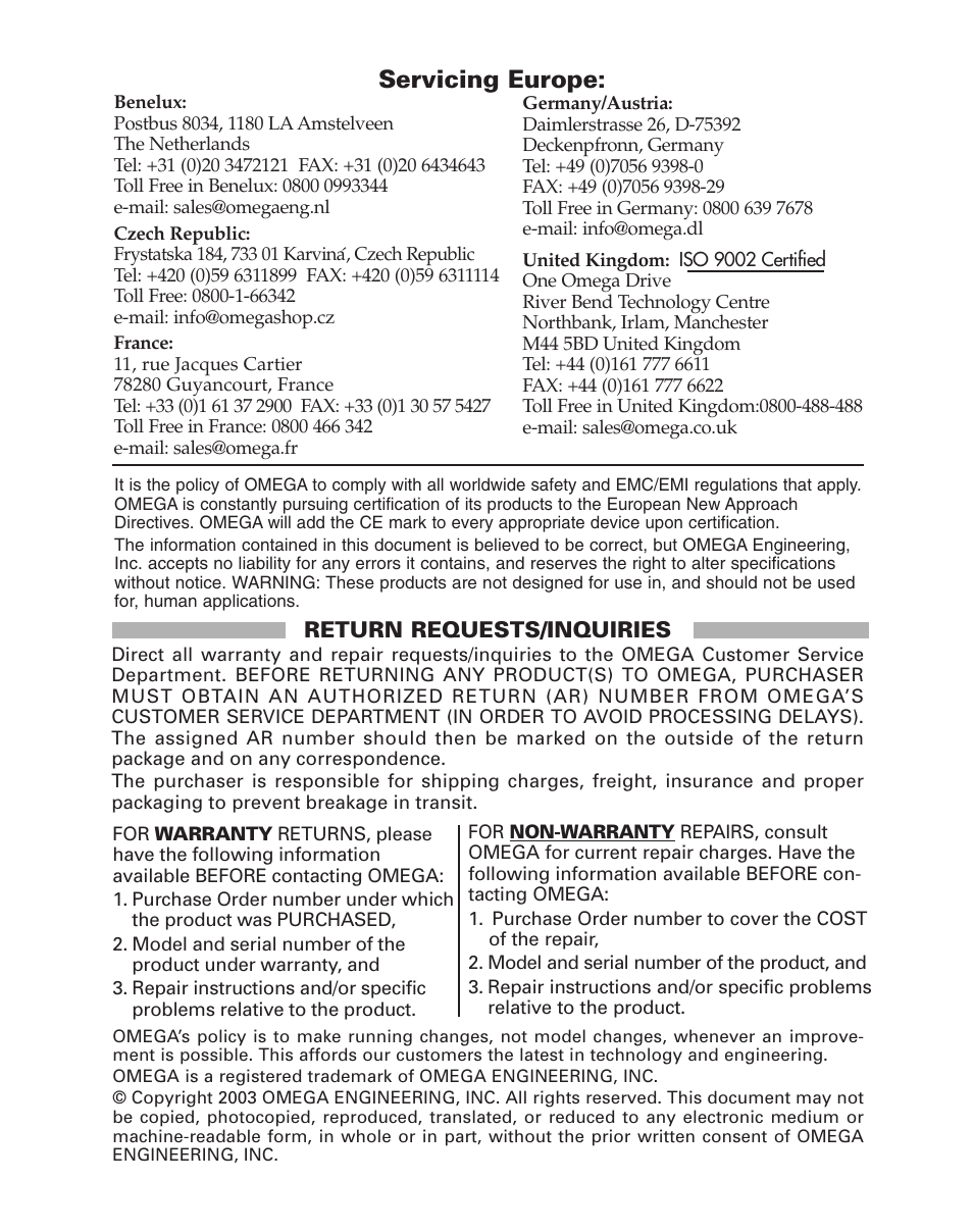 Servicing europe | Omega Vehicle Security 450 User Manual | Page 3 / 31