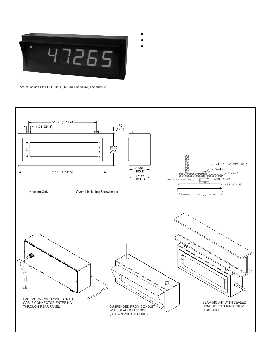 Description, Dimensions in inches (mm) mounting, Typical installations for nema 4/ip65 enclosure | Omega Vehicle Security LDP63100 User Manual | Page 8 / 12