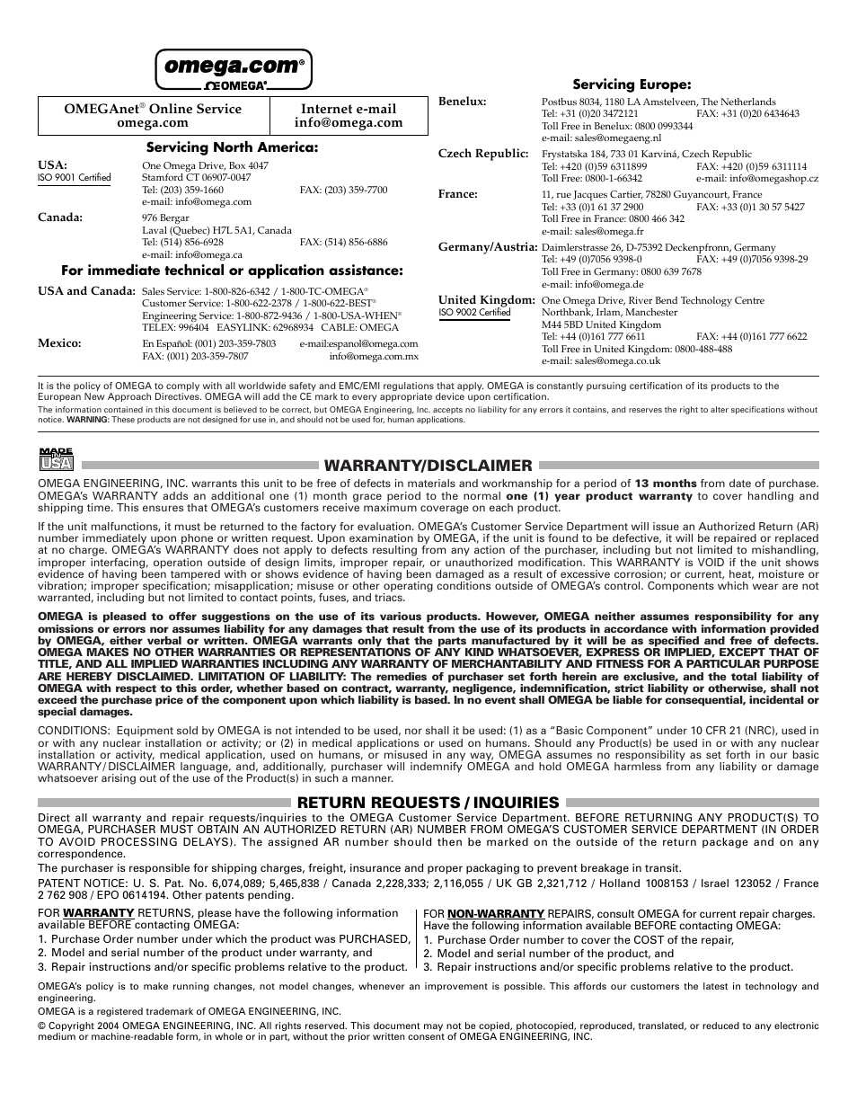 Warranty/disclaimer, Return requests / inquiries, Omeganet | Omega Vehicle Security PST-4130 User Manual | Page 2 / 2