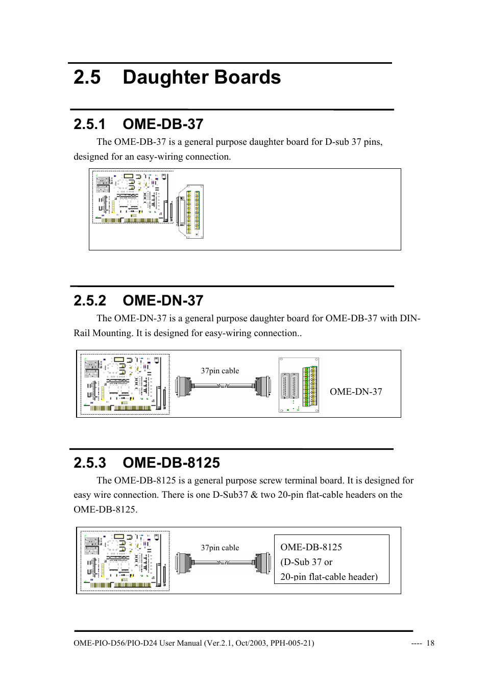 5 daughter boards, 1 ome-db-37, 2 ome-dn-37 | 3 ome-db-8125, Aughter, Oards | Omega Vehicle Security OME-PIO-D56 User Manual | Page 20 / 53