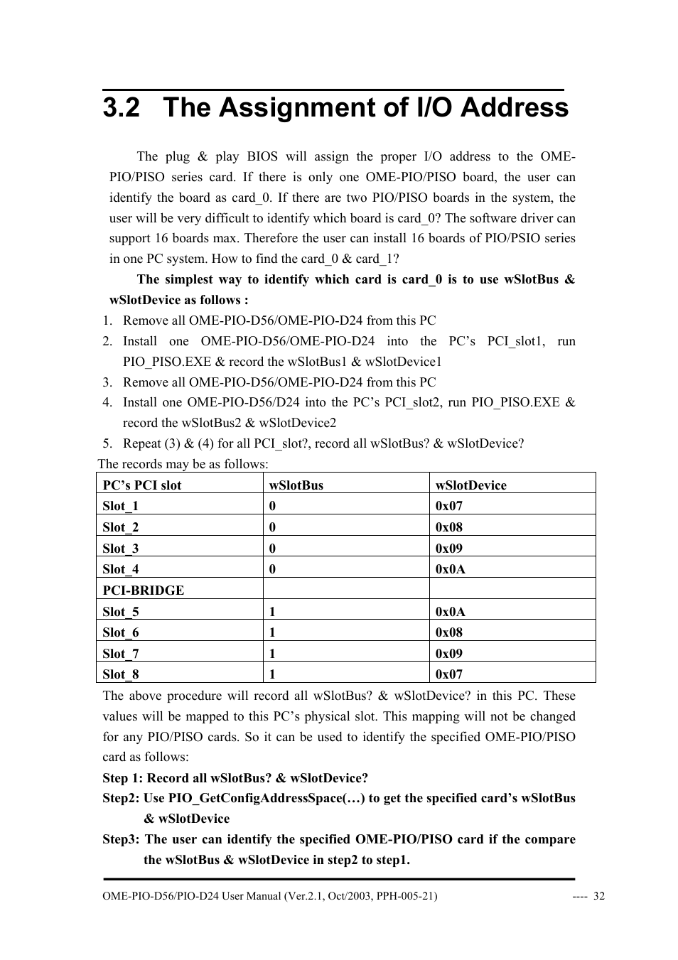2 the assignment of i/o address, Ssignment of, Ddress | Omega Vehicle Security OME-PIO-D56 User Manual | Page 34 / 53