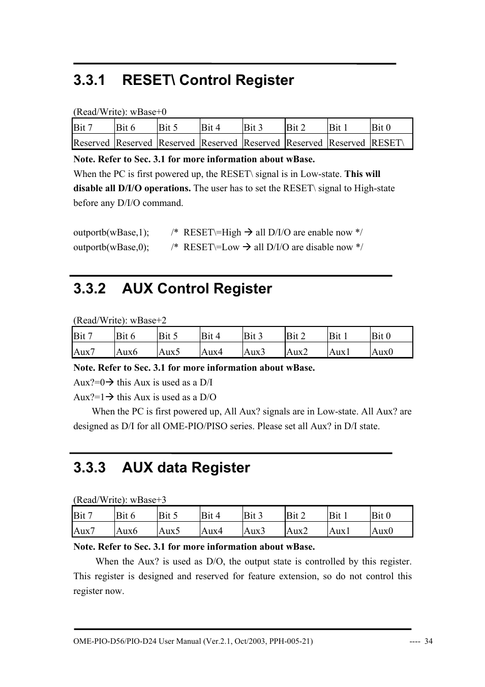 1 reset\ control register, 2 aux control register, 3 aux data register | Omega Vehicle Security OME-PIO-D56 User Manual | Page 36 / 53