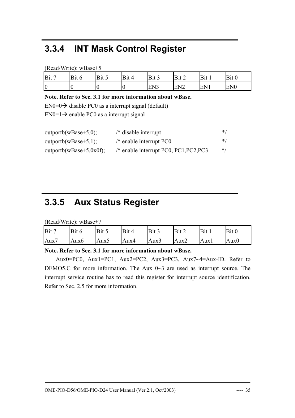 4 int mask control register, 5 aux status register | Omega Vehicle Security OME-PIO-D56 User Manual | Page 37 / 53