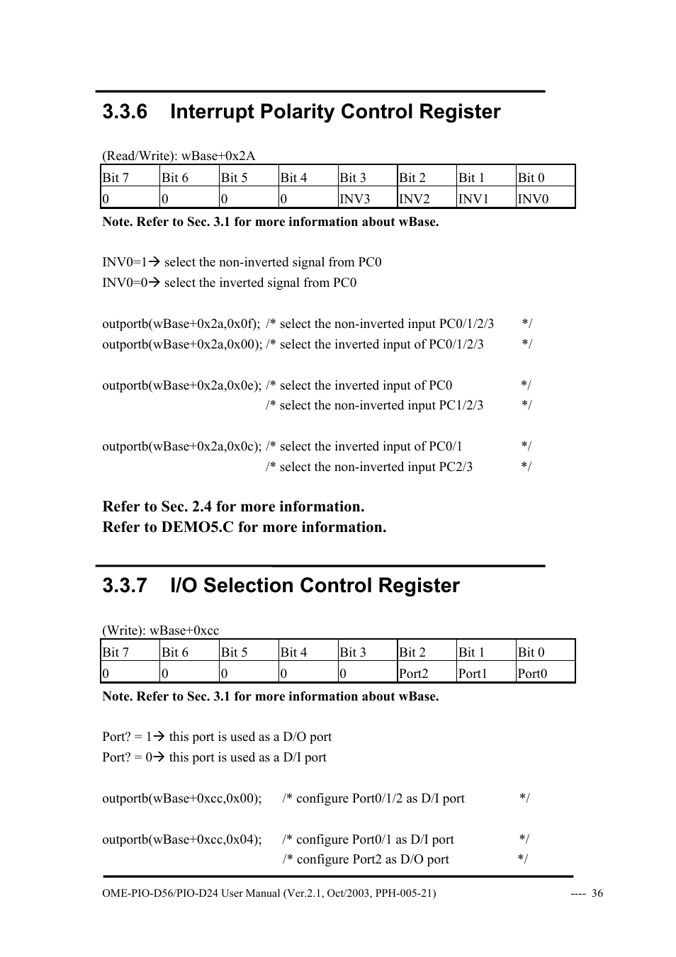 6 interrupt polarity control register, 7 i/o selection control register | Omega Vehicle Security OME-PIO-D56 User Manual | Page 38 / 53
