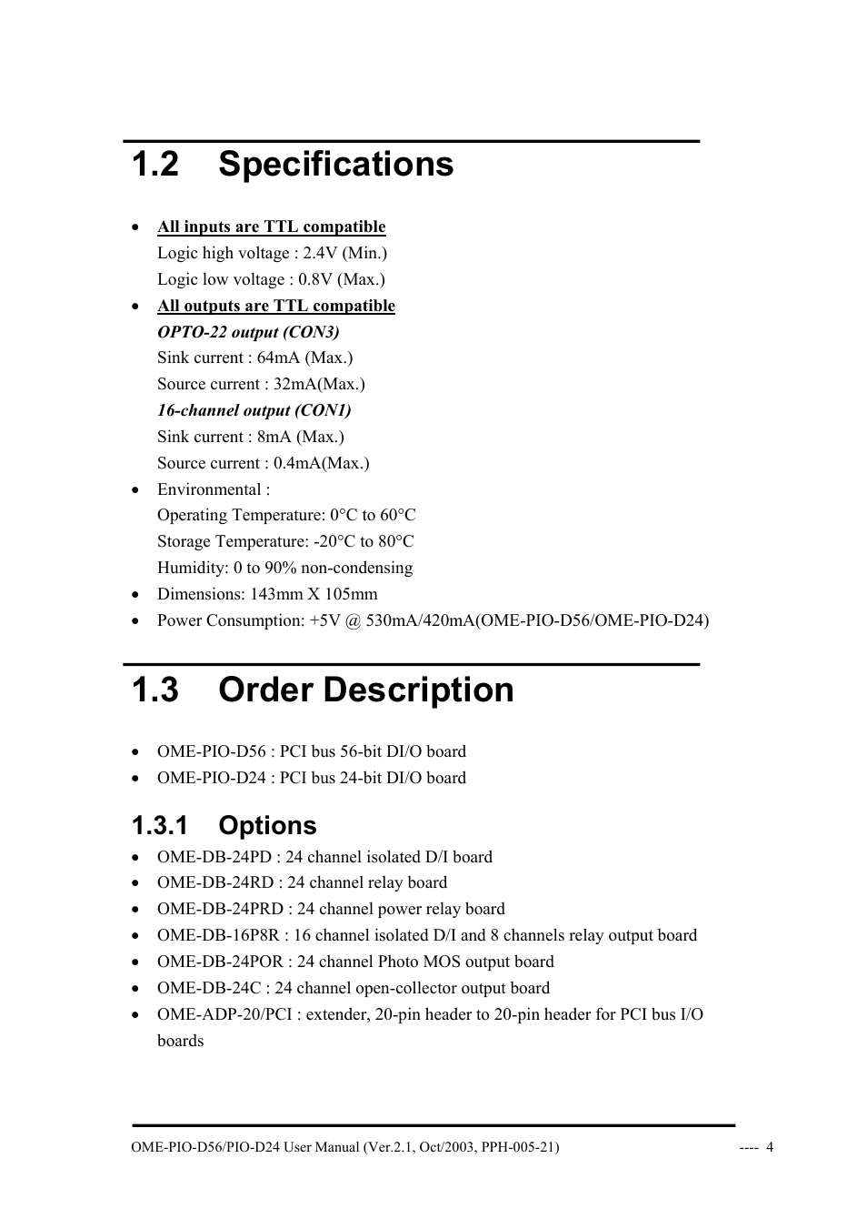 2 specifications, 3 order description, 1 options | Pecifications, Rder, Escription | Omega Vehicle Security OME-PIO-D56 User Manual | Page 6 / 53