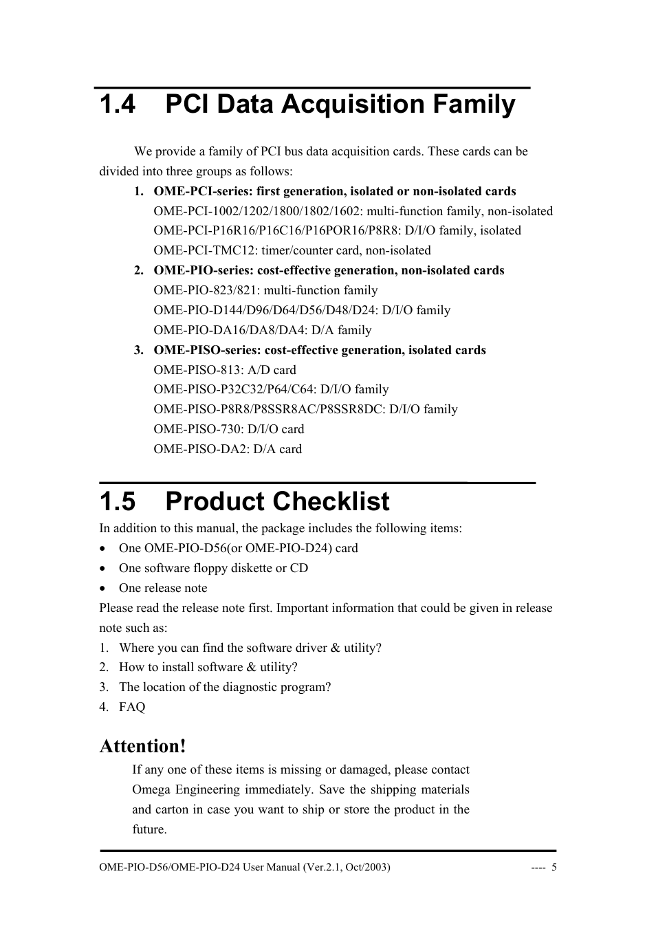 4 pci data acquisition family, 5 product checklist, Cquisition | Amily, Roduct, Hecklist, Attention | Omega Vehicle Security OME-PIO-D56 User Manual | Page 7 / 53