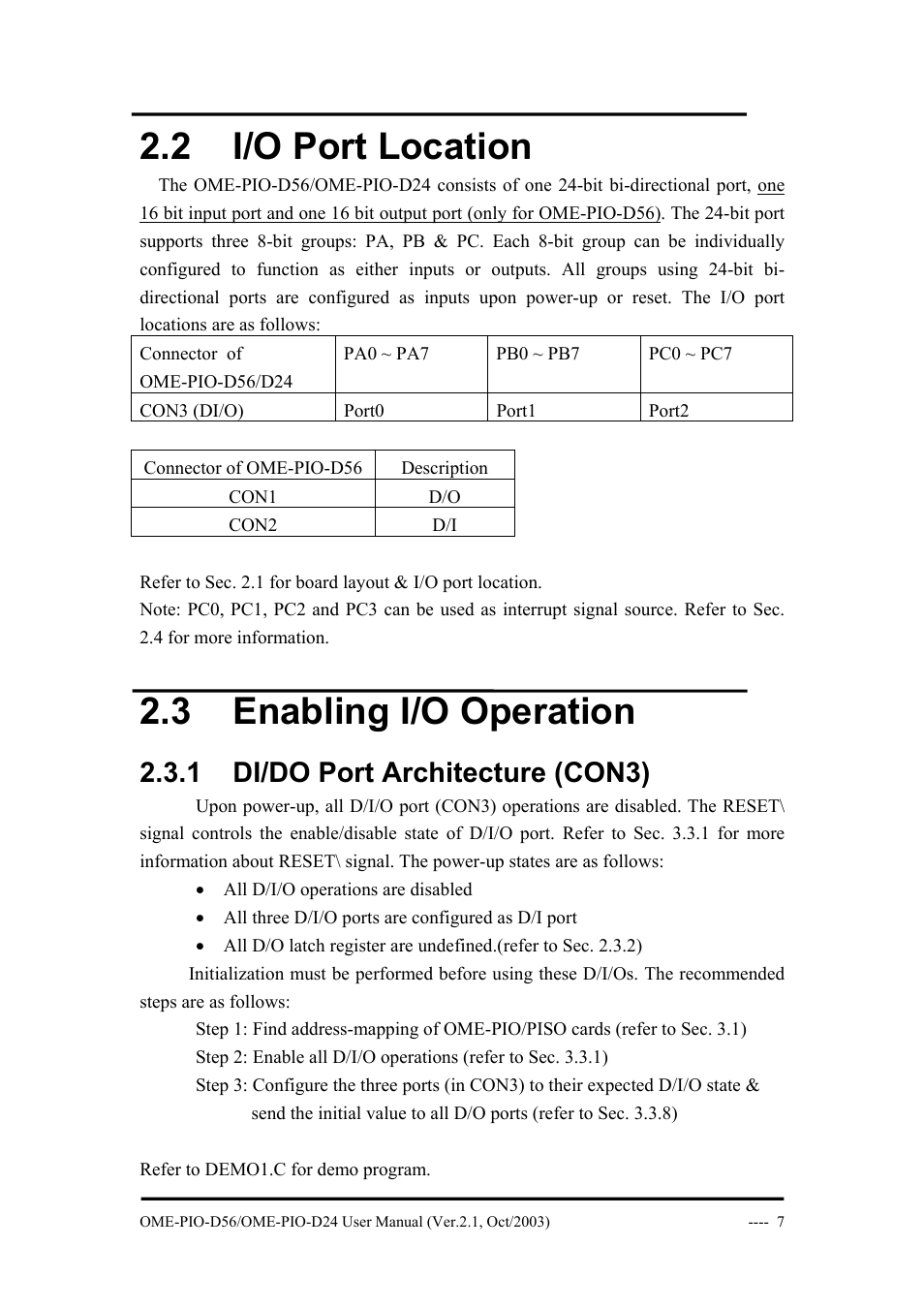 2 i/o port location, 3 enabling i/o operation, 1 di/do port architecture (con3) | Ocation, Nabling, Peration | Omega Vehicle Security OME-PIO-D56 User Manual | Page 9 / 53