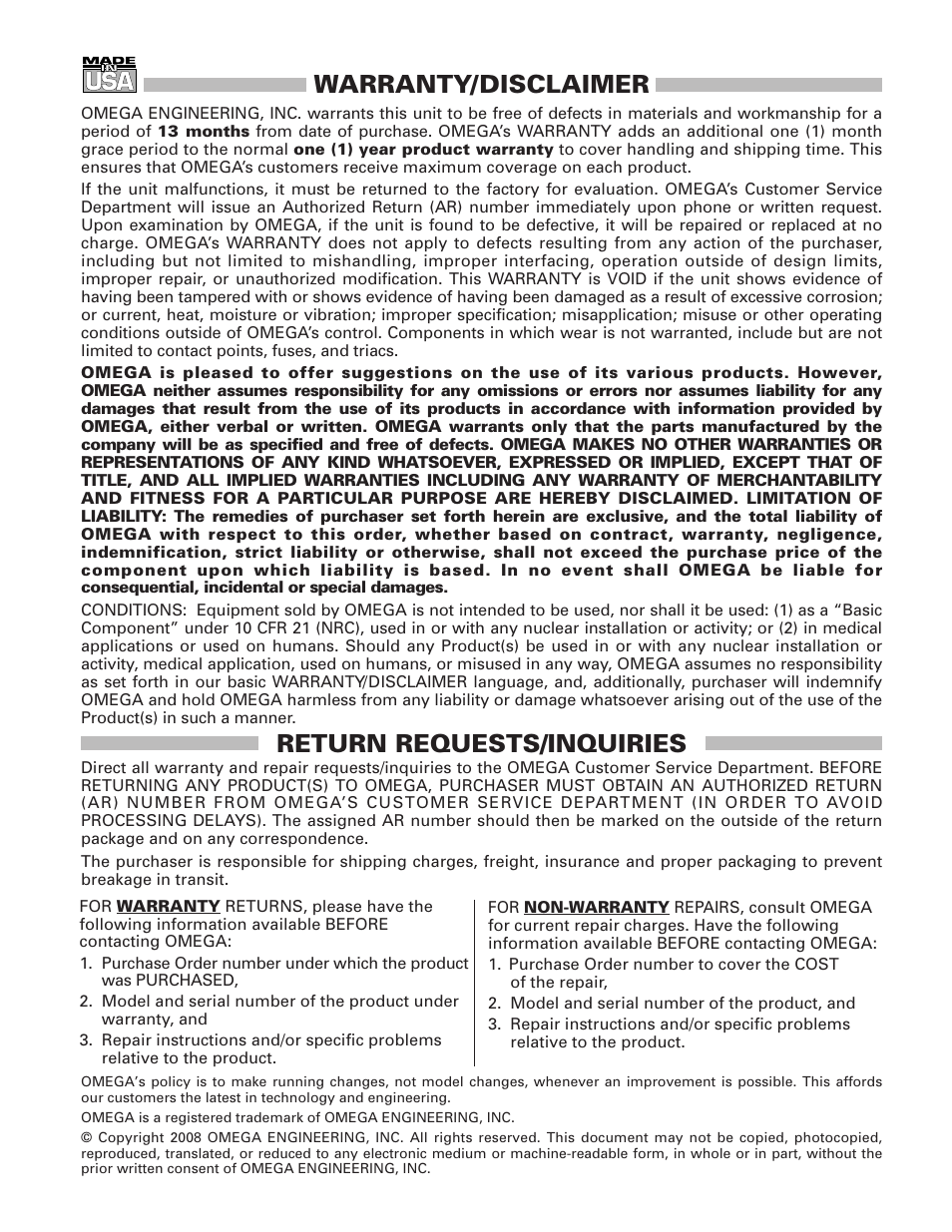 Warranty/disclaimer, Return requests/inquiries | Omega Vehicle Security TJ-USB User Manual | Page 19 / 20