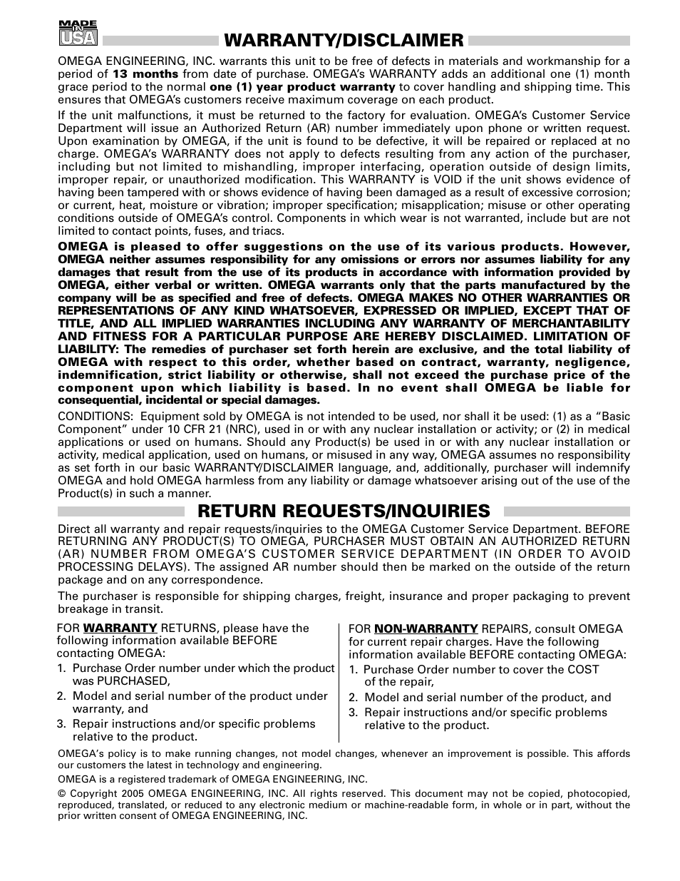 Warranty/disclaimer, Return requests/inquiries | Omega Vehicle Security LVR300 User Manual | Page 7 / 8