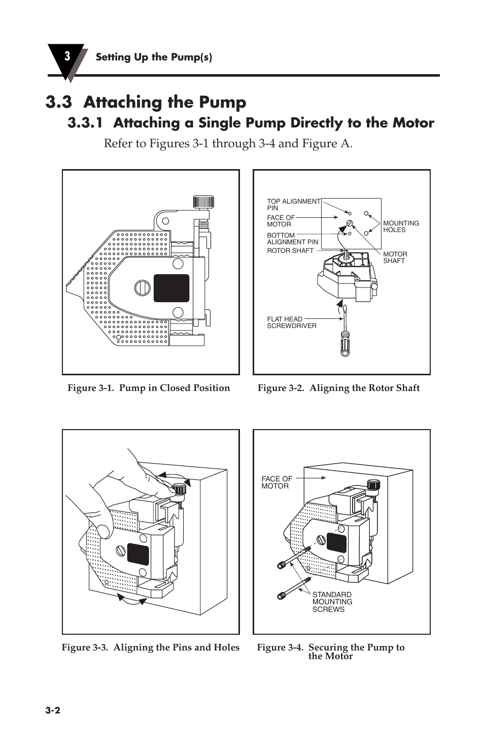 3 attaching the pump, 1 attaching a single pump directly to the motor, Refer to figures 3-1 through 3-4 and figure a | Omega Vehicle Security OMEGAFLEX FPU500 User Manual | Page 14 / 52