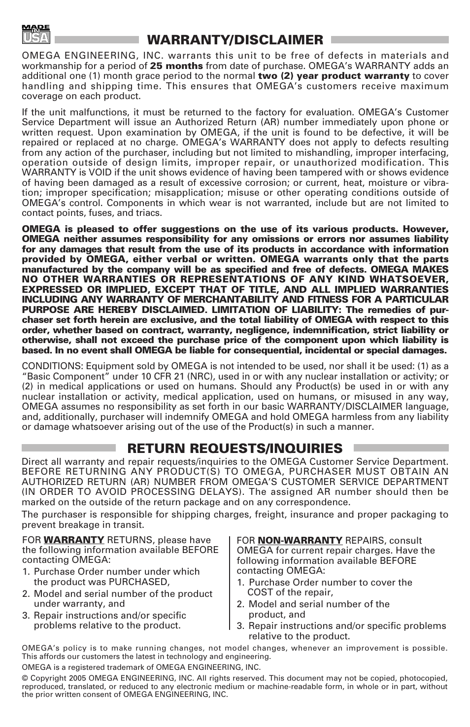 Warranty/disclaimer, Return requests/inquiries | Omega Vehicle Security OMEGAFLEX FPU500 User Manual | Page 51 / 52