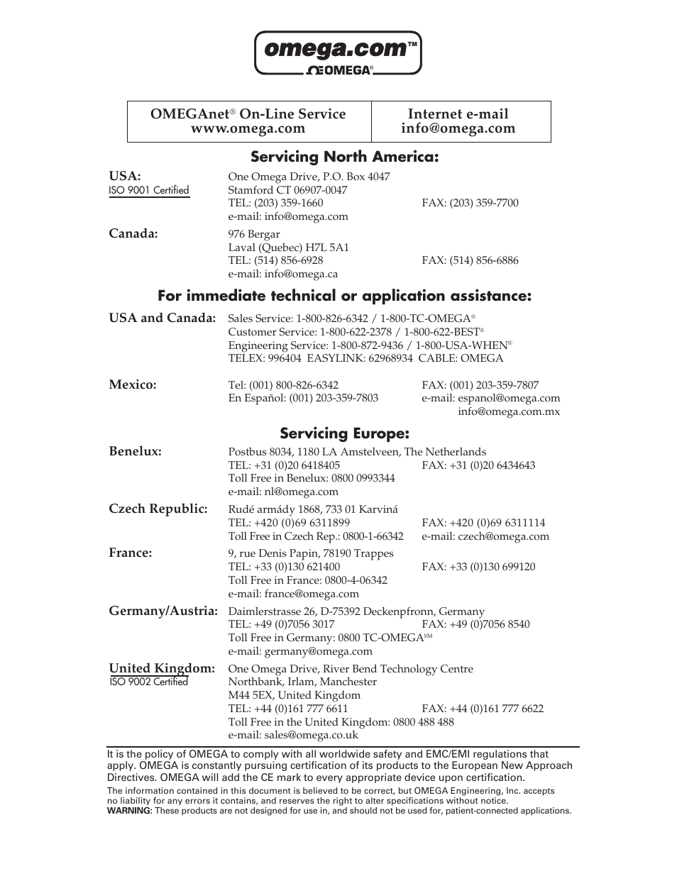 Servicing north america, For immediate technical or application assistance, Servicing europe | Omeganet | Omega Vehicle Security PSW490B User Manual | Page 2 / 8