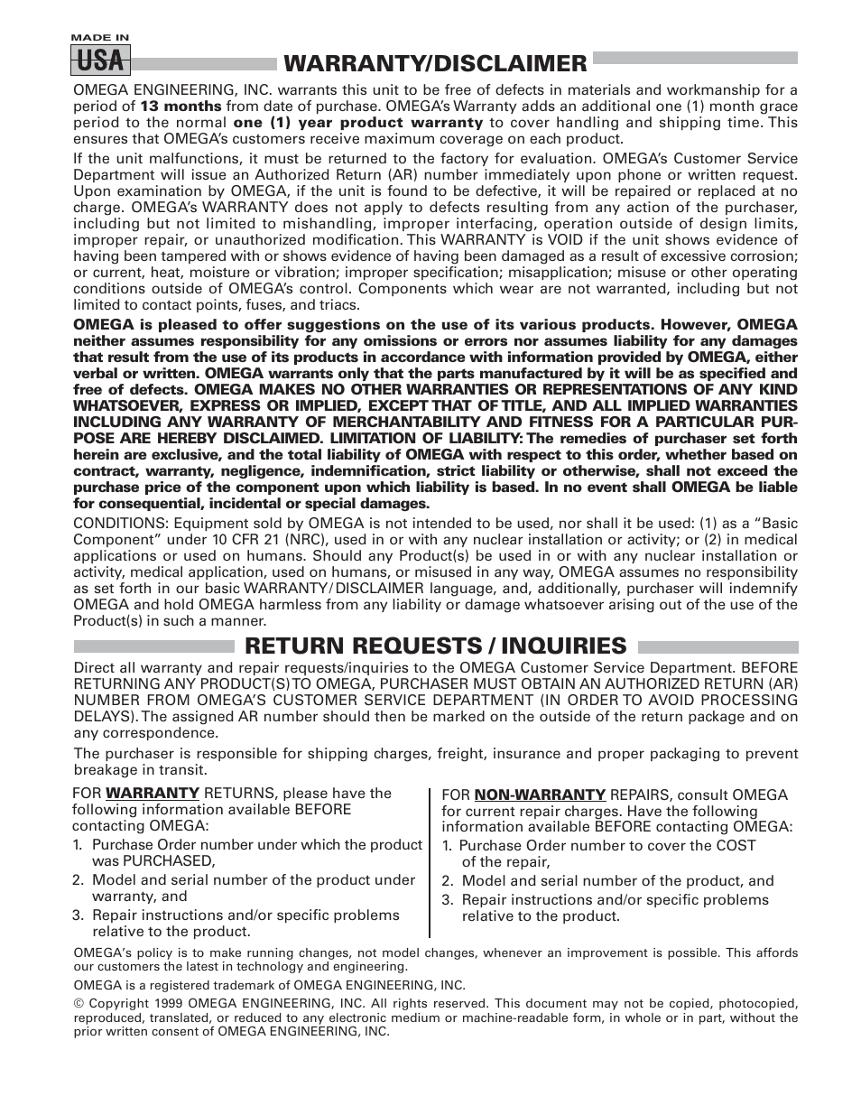 Warranty/disclaimer, Return requests / inquiries | Omega Vehicle Security PSW490B User Manual | Page 7 / 8