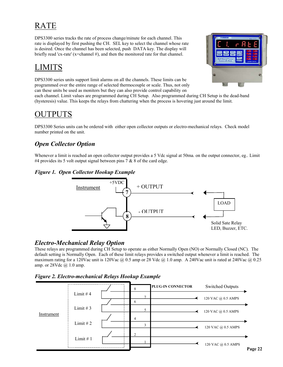 Rate, Limits, Outputs | Open collector option, Electro-mechanical relay option | Omega Vehicle Security wall mount Multi-Channel DPS3300 User Manual | Page 23 / 31