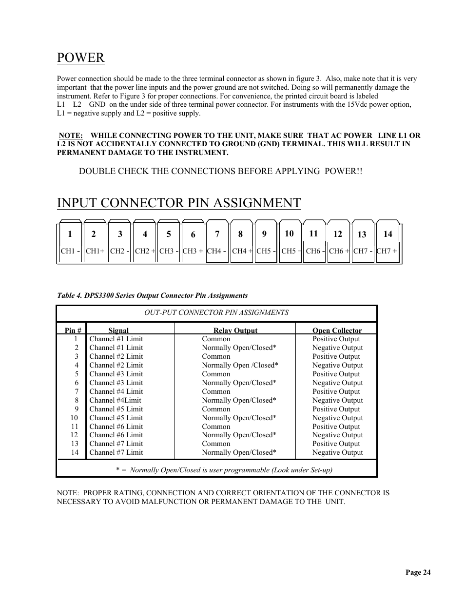 Power, Input connector pin assignment | Omega Vehicle Security wall mount Multi-Channel DPS3300 User Manual | Page 25 / 31