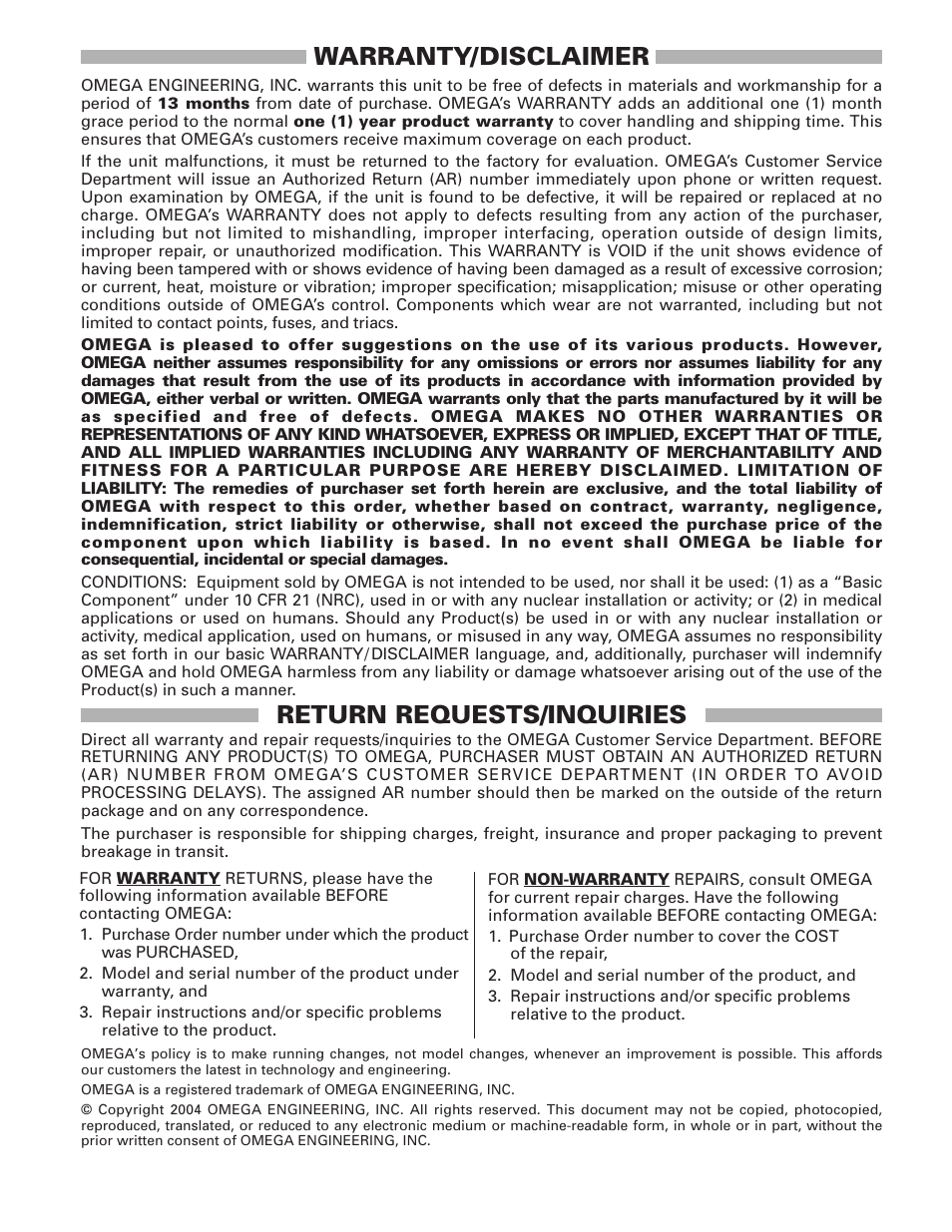 Warranty/disclaimer, Return requests/inquiries | Omega Vehicle Security LSC6400 User Manual | Page 5 / 6