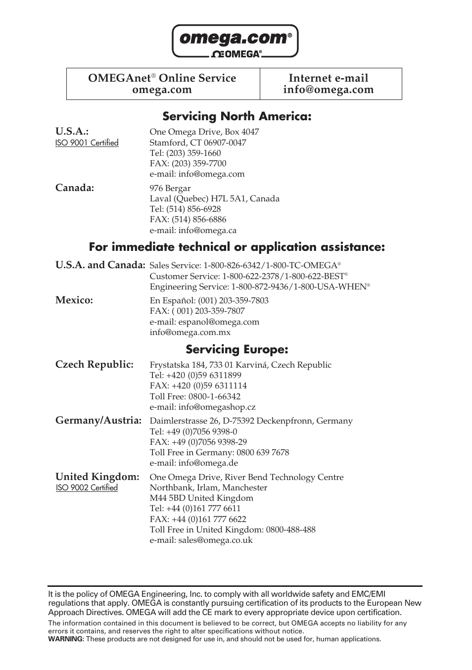 Servicing north america, For immediate technical or application assistance, Servicing europe | Omeganet | Omega Vehicle Security USB-4761 User Manual | Page 2 / 39