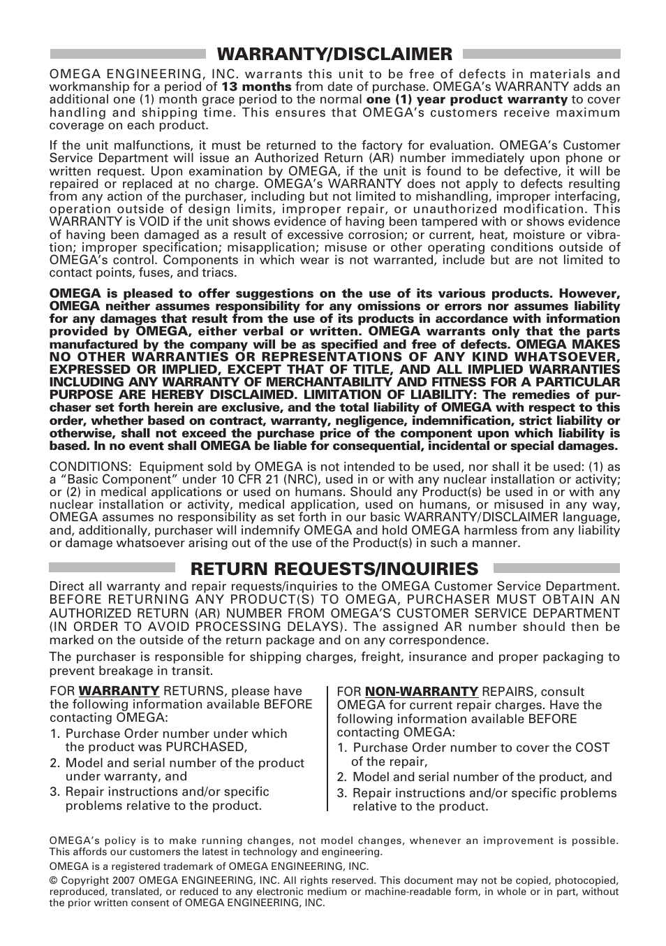 Warranty/disclaimer, Return requests/inquiries | Omega Vehicle Security USB-4761 User Manual | Page 38 / 39