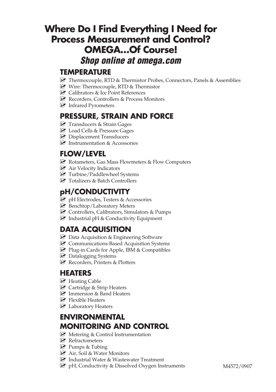 Temperature, Pressure, strain and force, Flow/level | Ph/conductivity, Data acquisition, Heaters, Environmental monitoring and control | Omega Vehicle Security USB-4761 User Manual | Page 39 / 39
